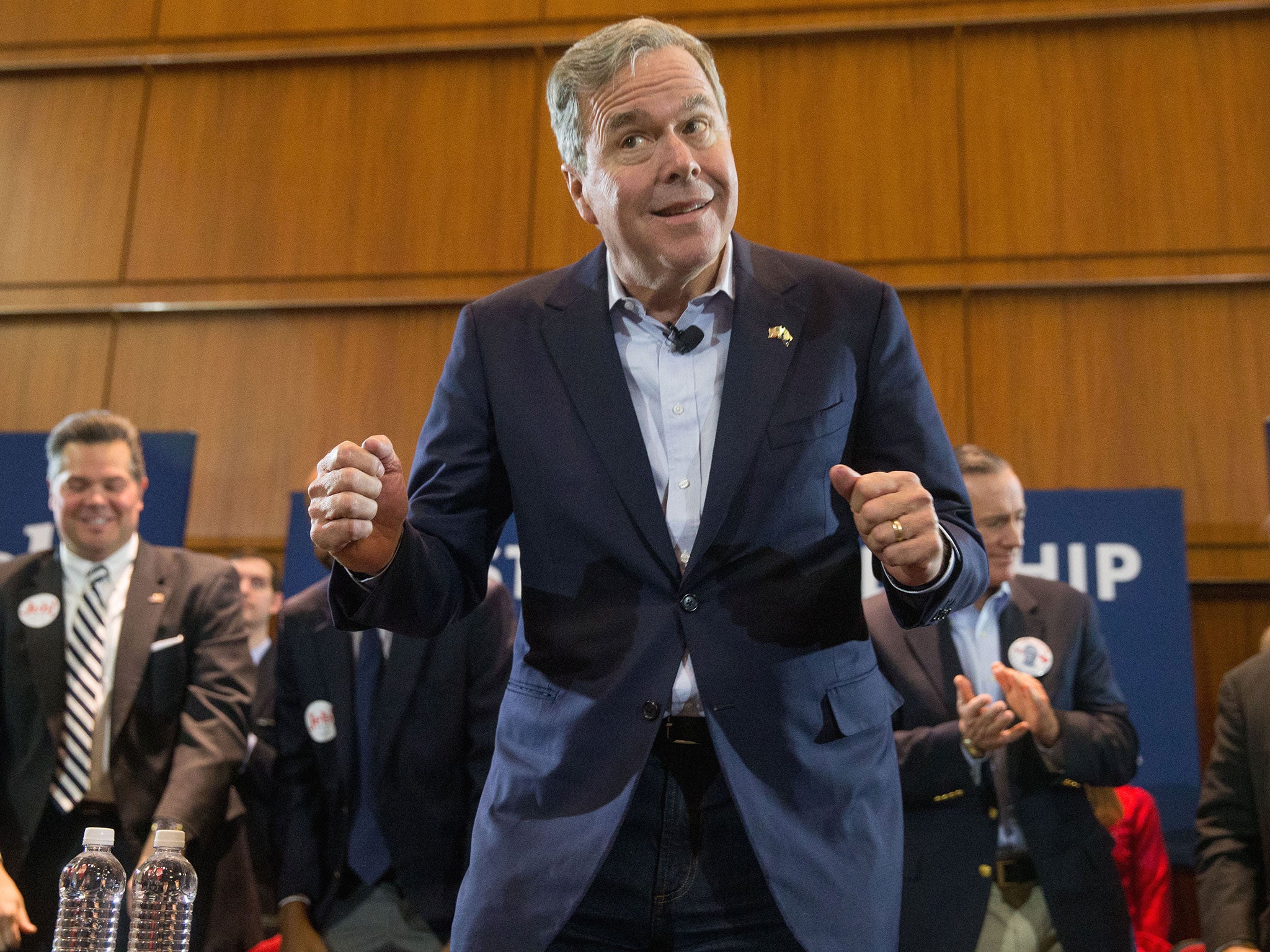 Republican presidential hopeful Jeb Bush is introduced to speak at a town hall in Columbia, South Carolina. He asked: ‘Can you imagine Donald Trump in the Oval Office?’