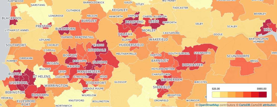 Many of the areas around Liverpool, Manchester and Leeds are struggling with unemployment