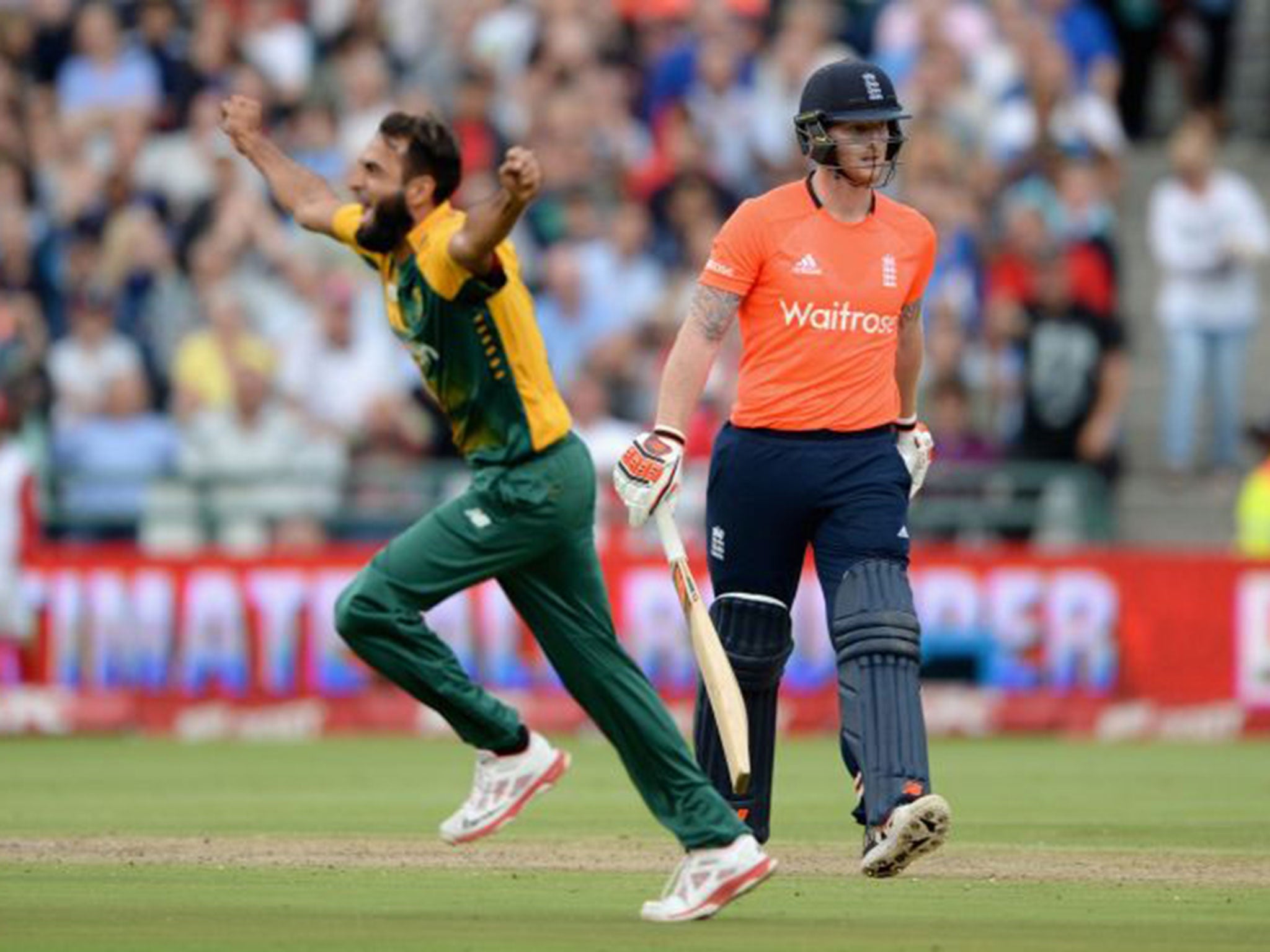 South Africa’s Imran Tahir celebrates the wicket of England’s Ben Stokes at Newlands