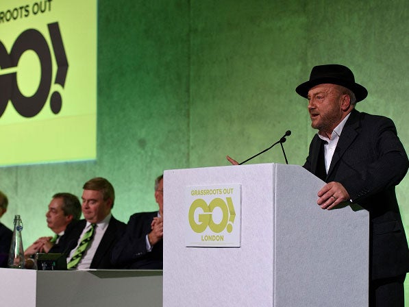 George Galloway speaks during the Grassroots Out rally at the Queen Elizabeth II Conference Centre