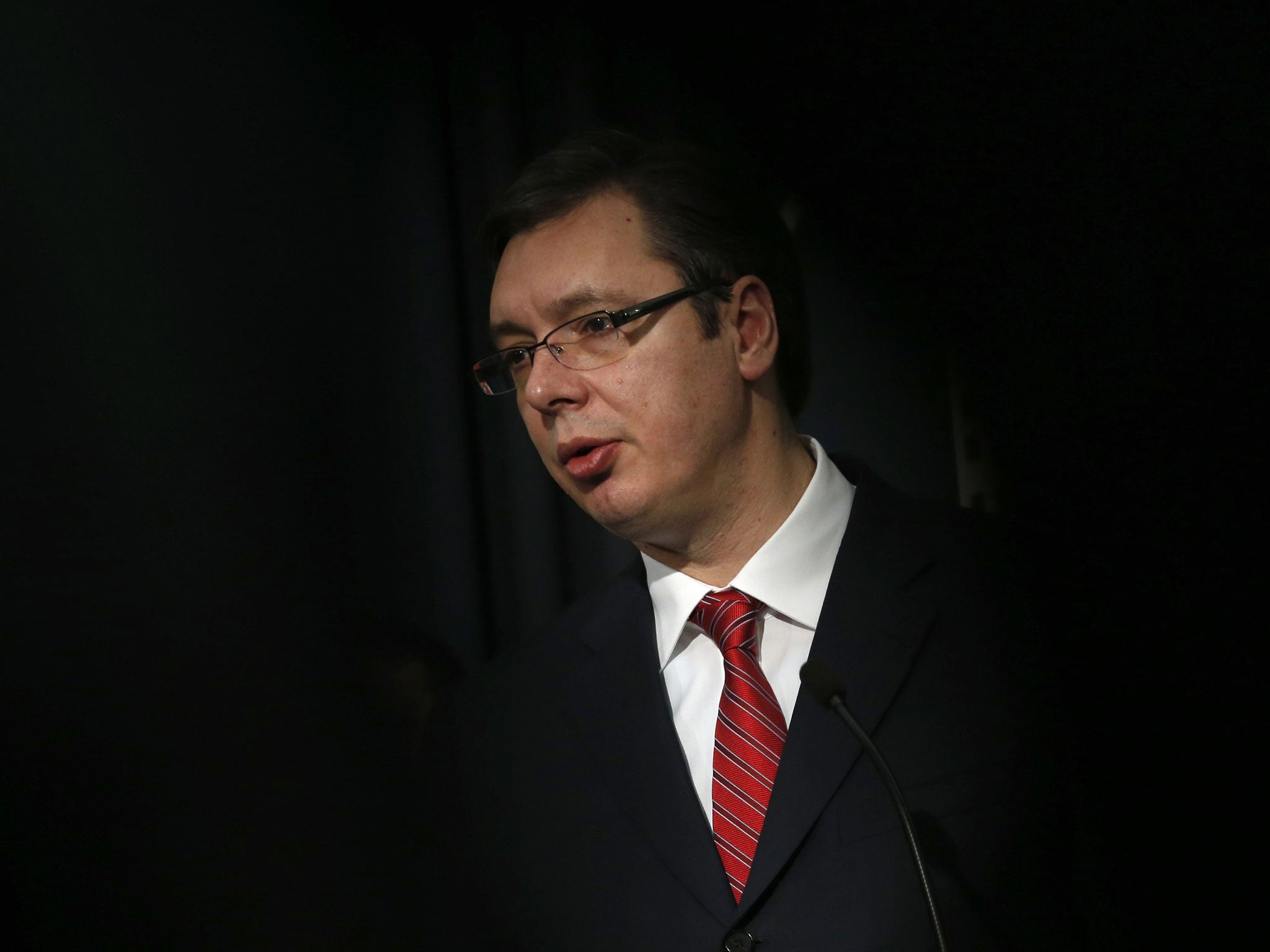 Serbian Prime Minister Aleksandar Vucic speaks during a news conference in Belgrade, Serbia, Saturday, Feb. 20, 2016.