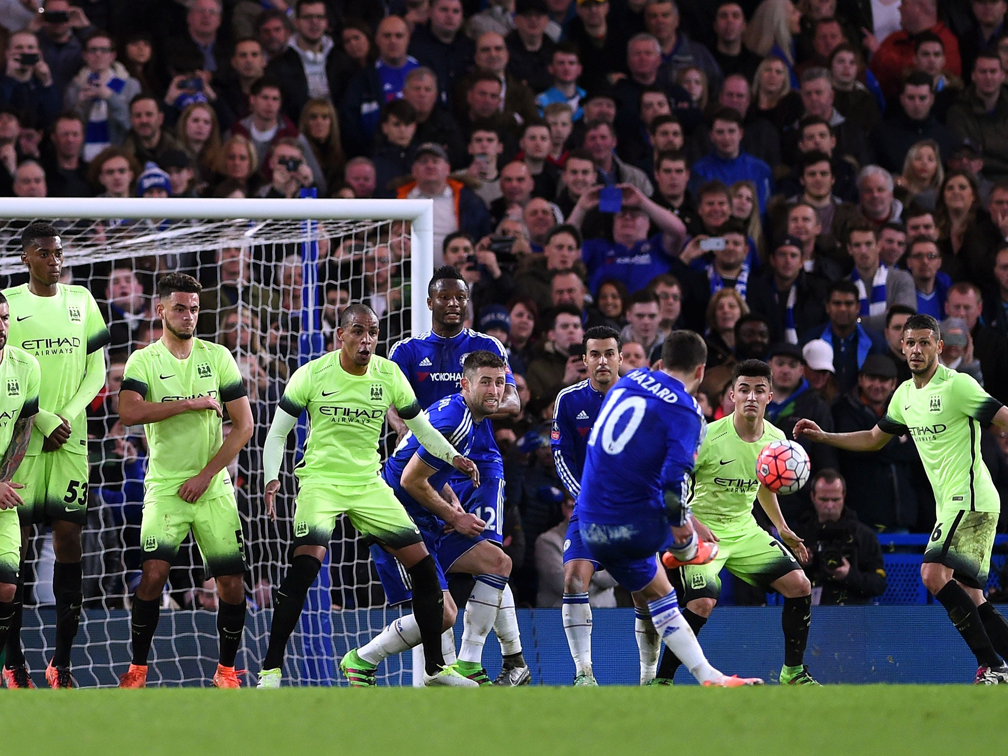 Eden Hazard scores against Man City from a free-kick