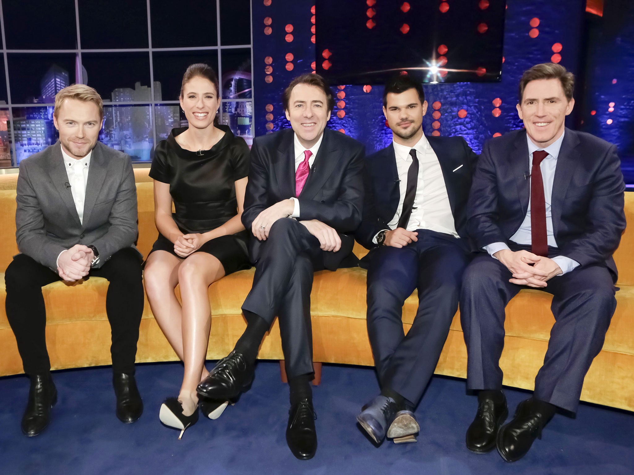 From left to right, Ronan Keating, Johanna Konta, Jonathan Ross, Taylor Lautner, Rob Brydon on 'The Jonathan Ross Show'