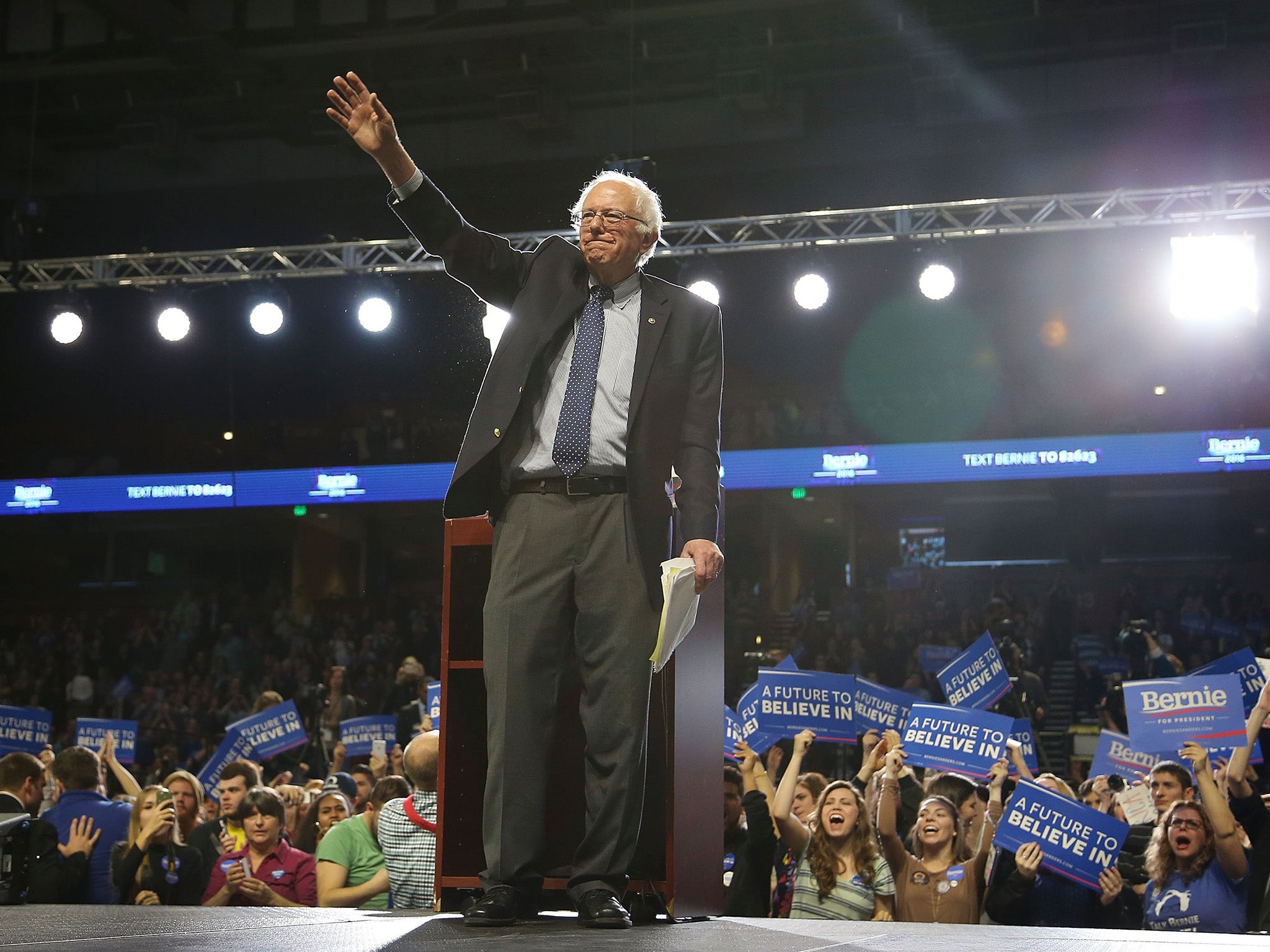 Democratic presidential candidate Sen. Bernie Sanders waves after speaking during a Future to Believe In rally at the Bon Secours Wellness Arena in Greenville, South Carolina.