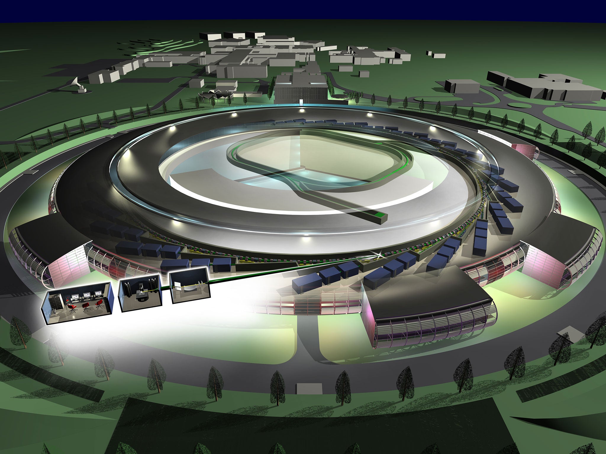 The Diamond Light Source in Oxfordshire, a high-tech research centre, produces highly focused X-ray, infrared and ultra-violet beams