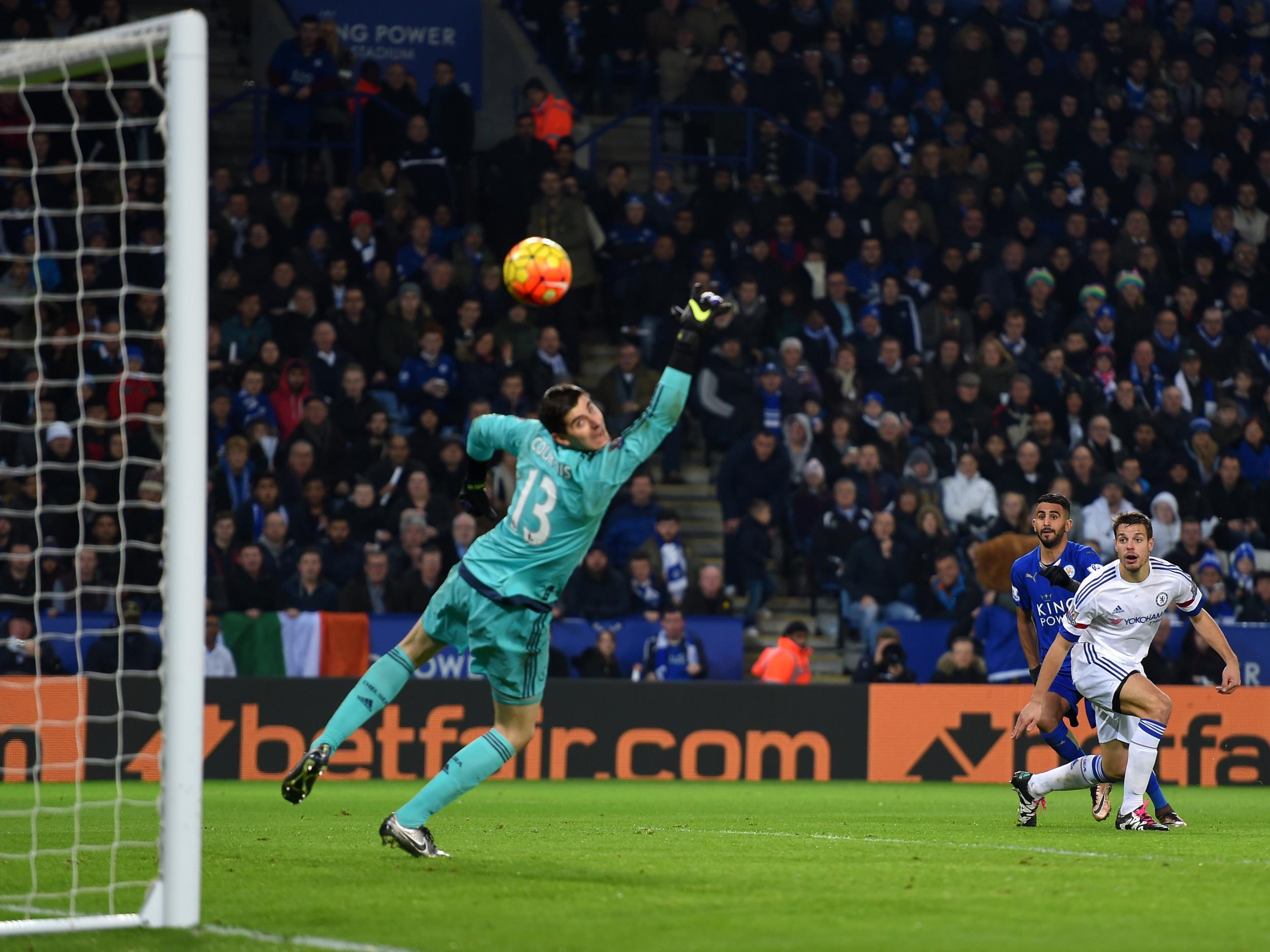 Leicester City's Riyad Mahrez curls the ball into the net during their 2-1 victory over Chelsea in December