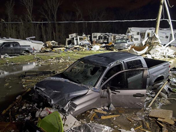 Destroyed trailers and vehicles are all that remain at the Sugar Hill trailer park in Louisiana