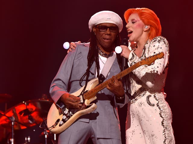 Nile Rodgers and Lady Gaga perform a tribute to David Bowie at The Grammys