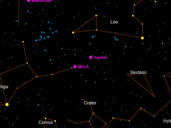 Jupiter will appear above and to the right of the Moon on 24 February (Pic: Dominic Ford/In-the-sky.org)