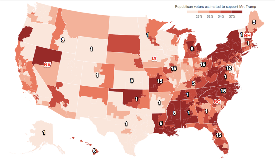 How Trump's support compares across the US. Credit: New York Times