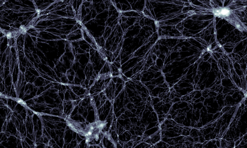 An image showing the distribution of dark matter in a part of the universe, generated by the Illustris simulation