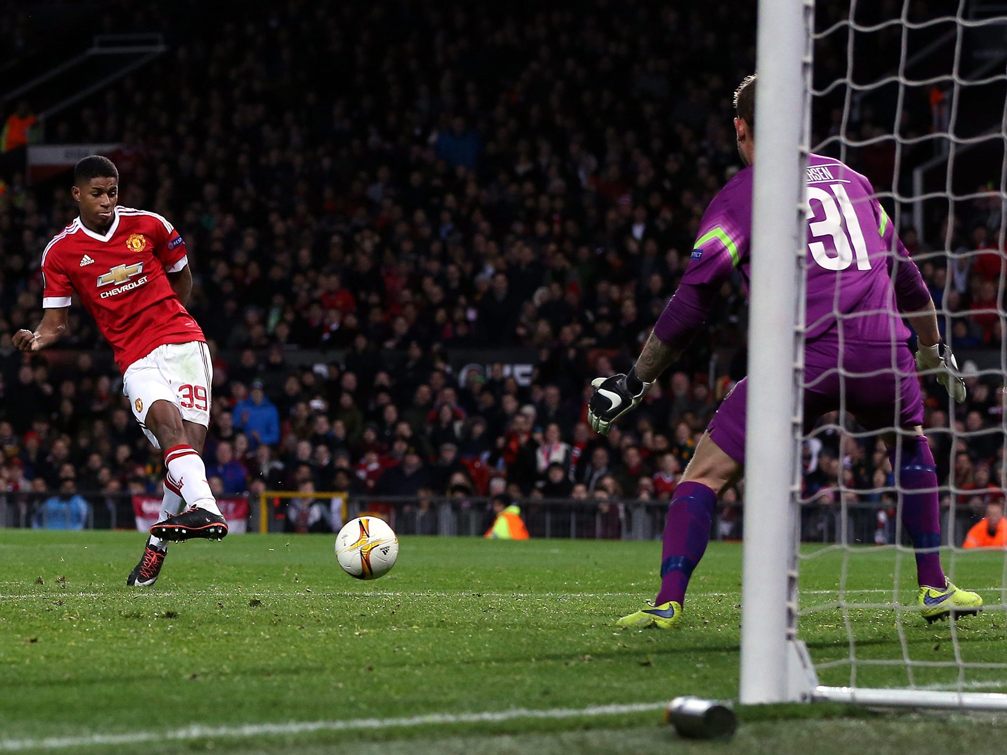 Marcus Rashford scores his second goal of the game