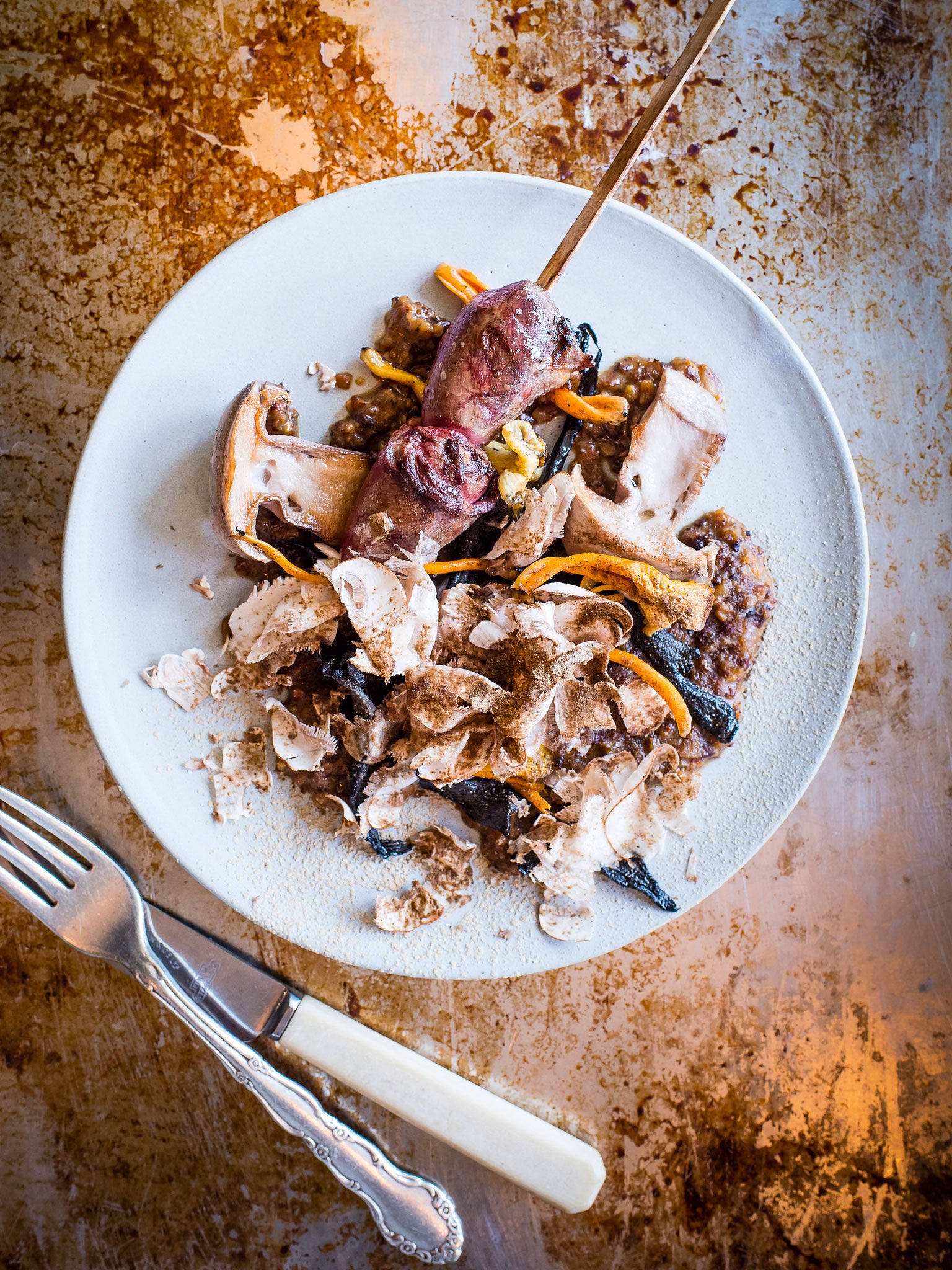 Fermented barley, BBQ duck hearts, and wild mushroom