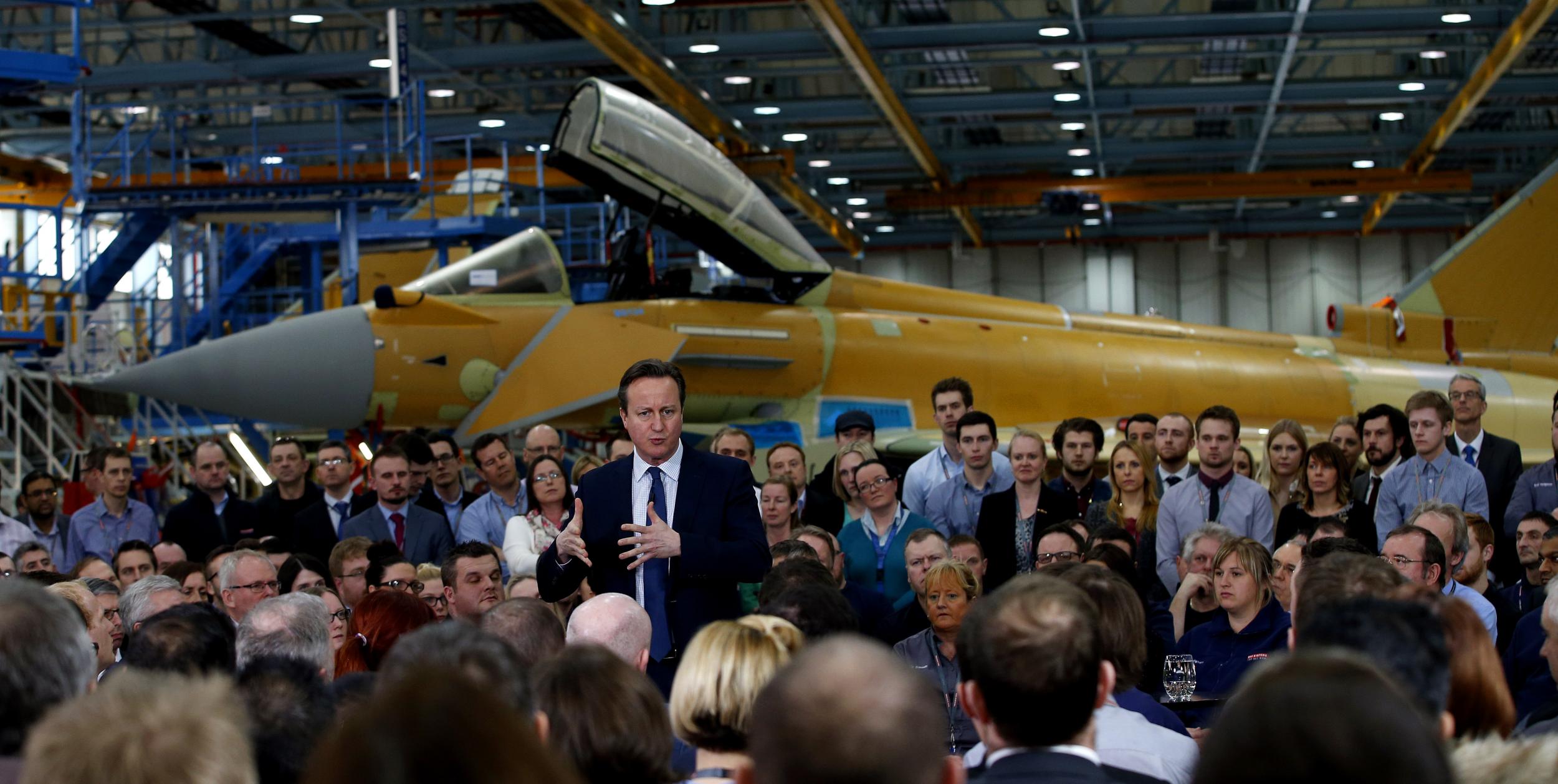 Prime Minister David Cameron speaking to BAE Systems employees in Preston