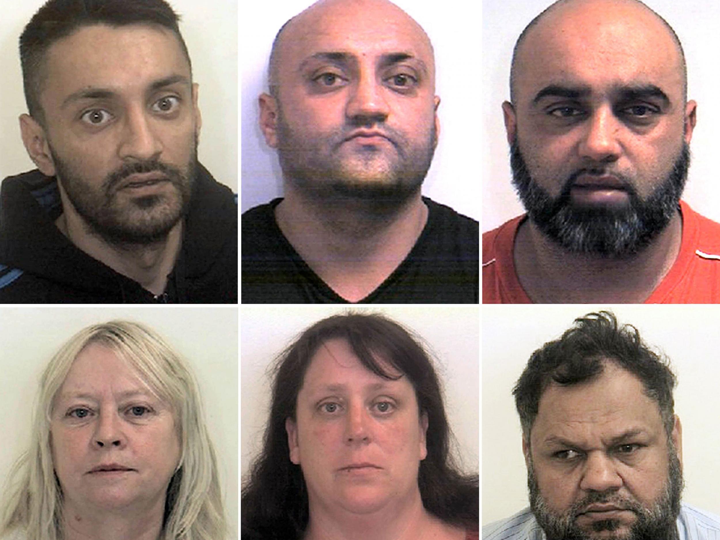 Brothers (left to right top) Arshid Hussain, Basharat Hussain and Bannaras Hussain, and (left to right bottom) Karen MacGregor, Shelley Davies and Qurban Ali were sentenced to a combined 103 years in prison (PA)