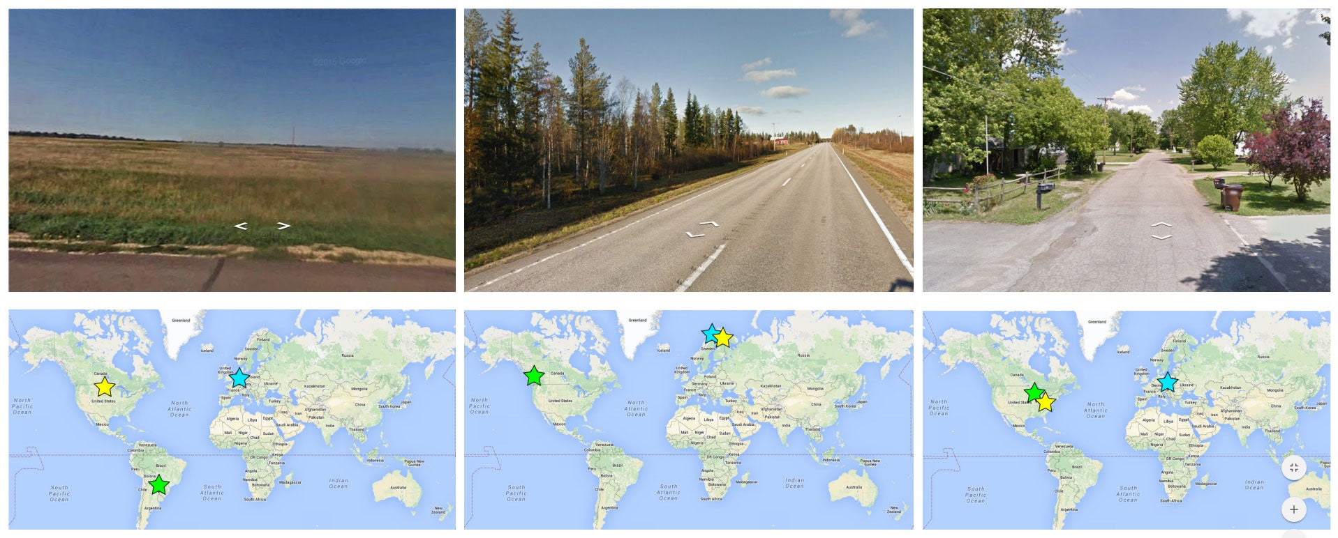 Some of the images PlaNet analysed (top) along with guesses (bottom) - the yellow star denotes the real location of the image, the green, the human's guess, and the blue, PlaNet's guess (Source)