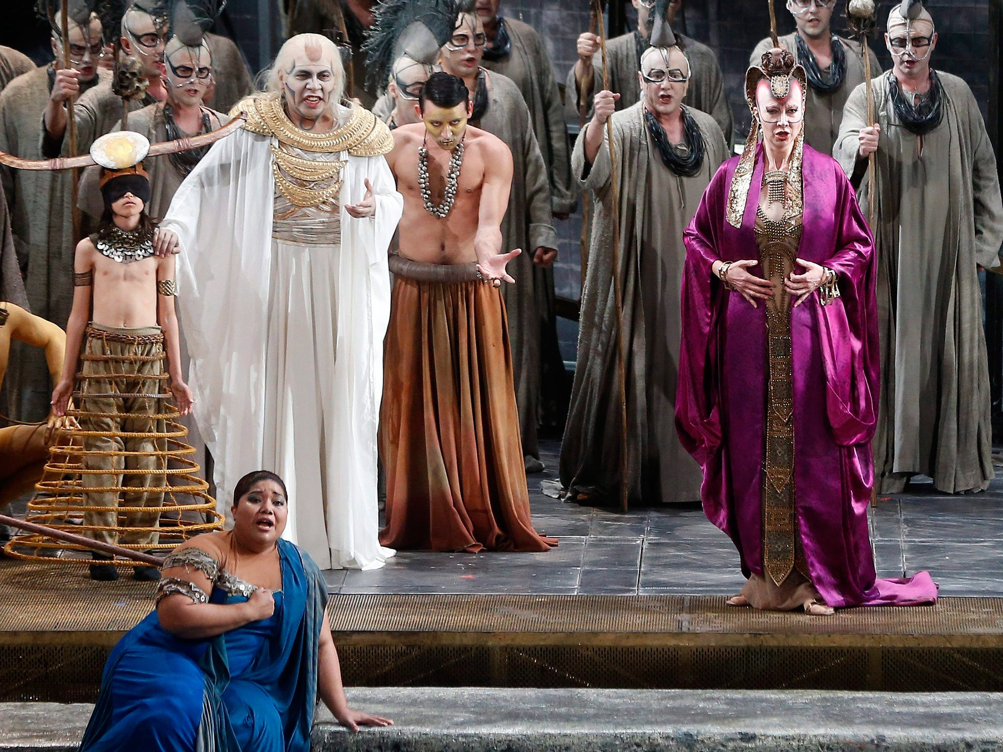 Opera singers perform in a production of Aida at the Palau de Les Arts in Valencia, Spain