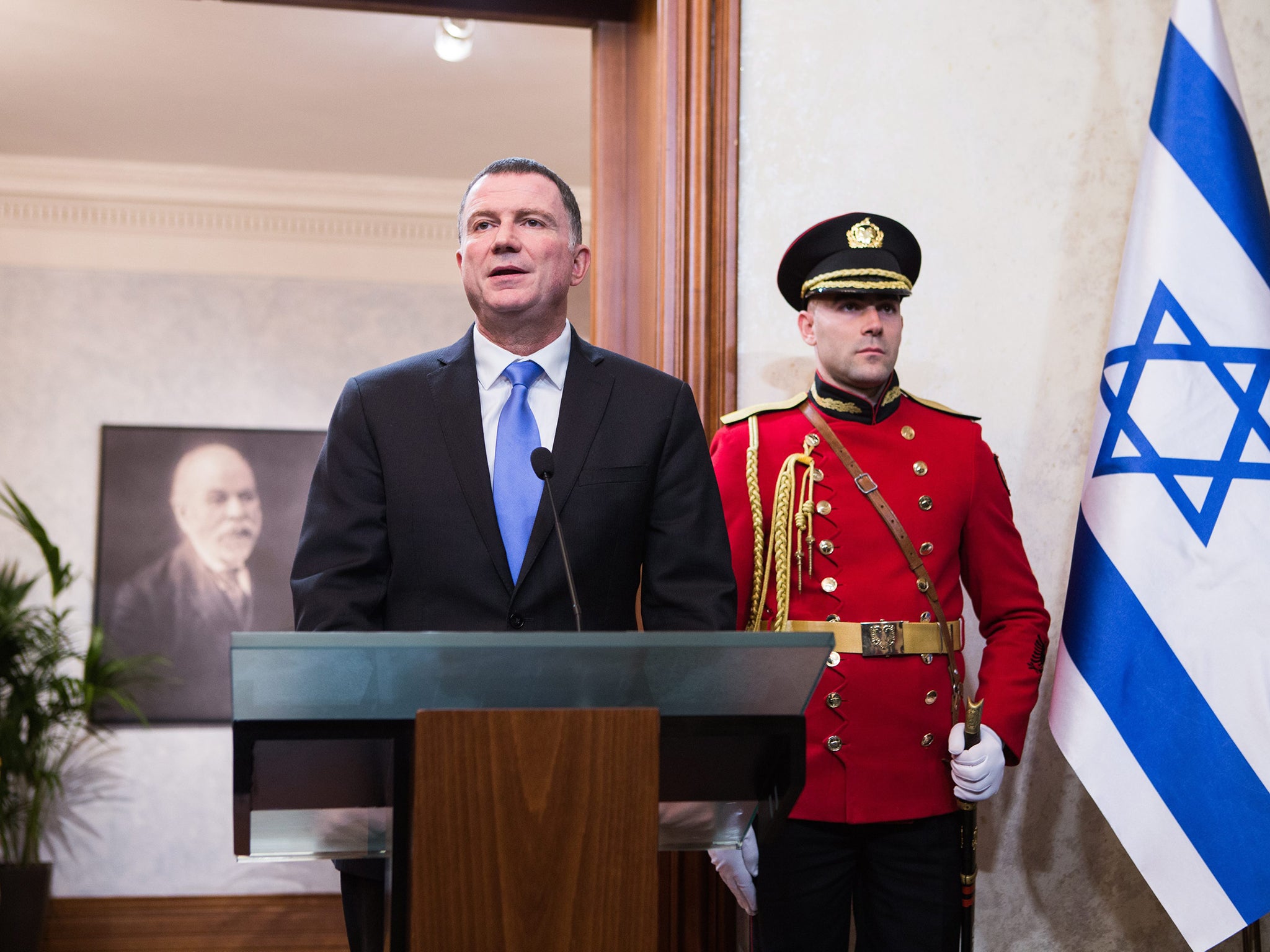 Israeli Knesset Speaker Yuli Edelstein (L) answers media questions during a joint press conference with Albanian Speaker of Parliament Ilir Meta