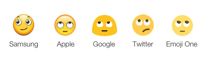 Samsung's 'Face With Rolling Eyes' emoji (far left) is a little happier than the others (Pic: Emojipedia)