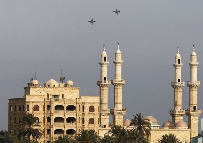 Russian warplanes fly in the sky over the Mediterranean coastal city of Latakia, Syria