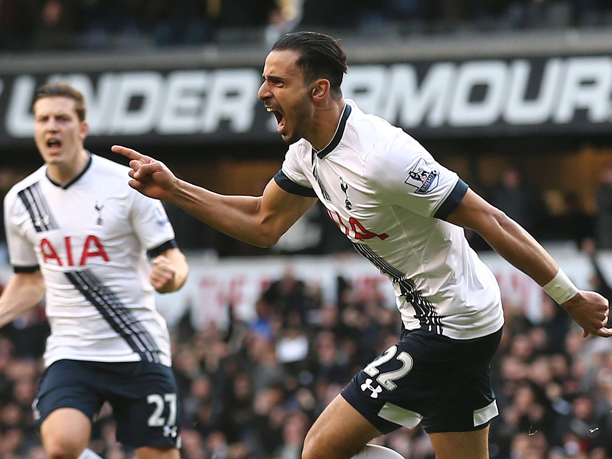 Nacer Chadli celebrates scoring the equaliser for Tottenham