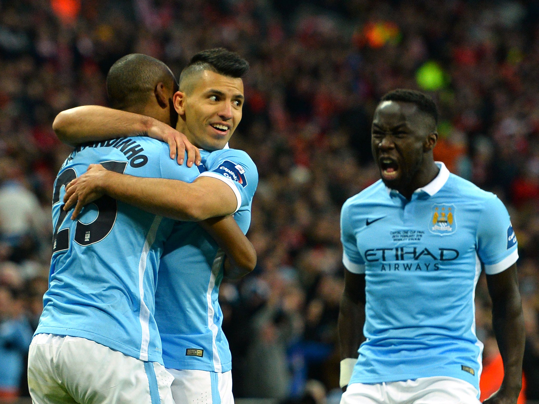 Manchester City celebrate Fernandinho's opener