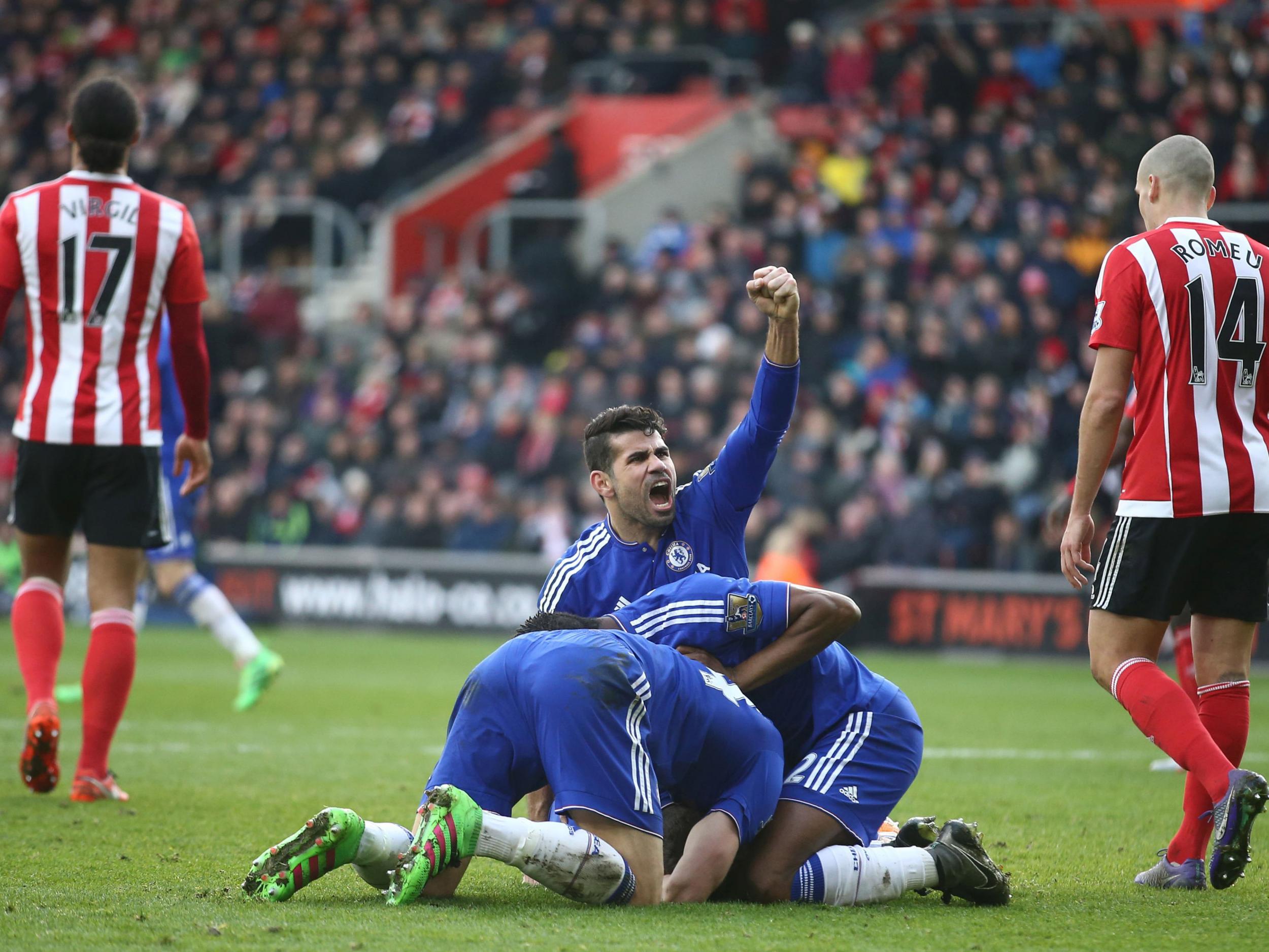 Diego Costa joins his team-mates in celebration at St Mary's