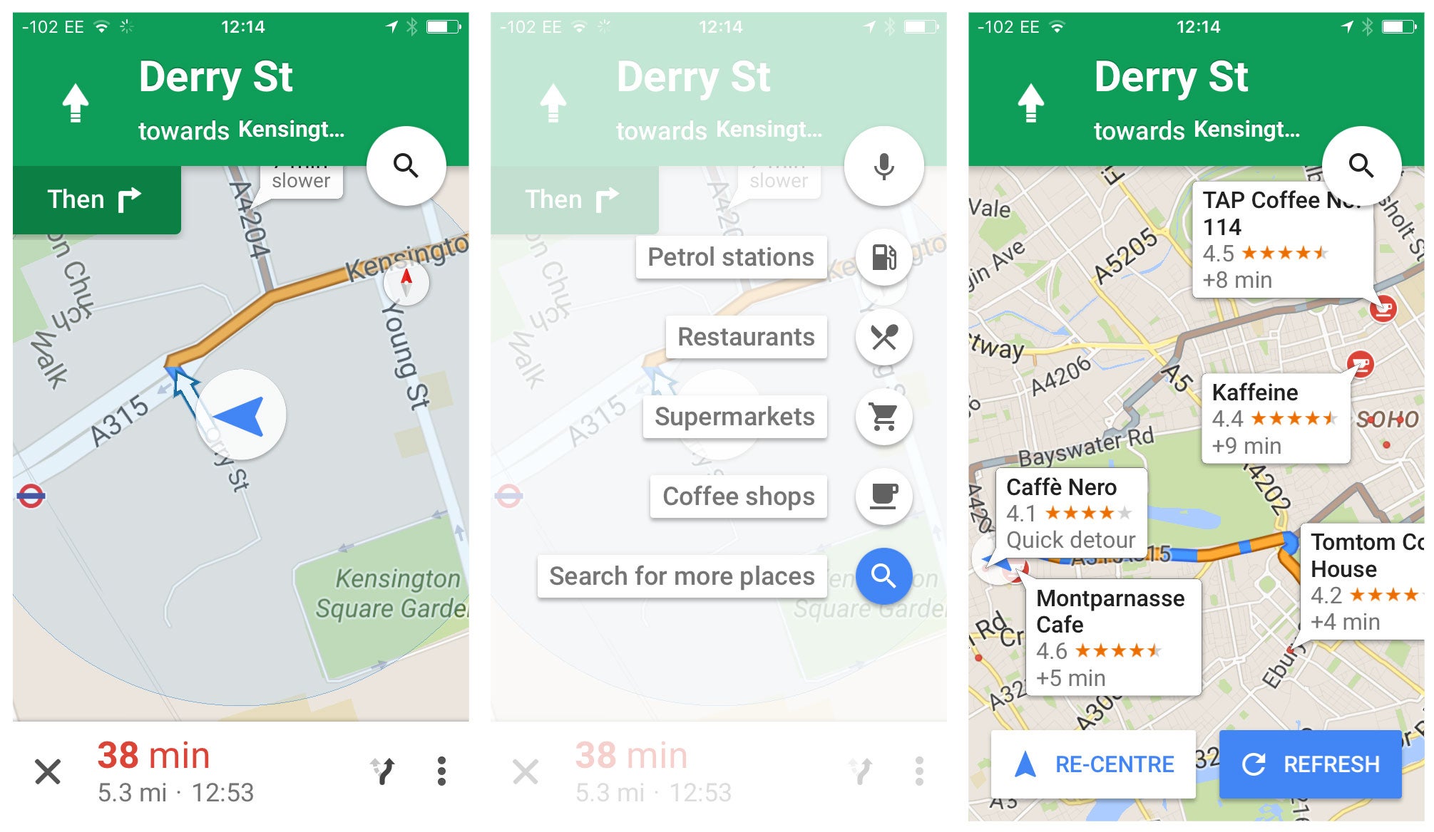 In navigation mode (left), users can click the magnifying glass and pick a place they want to stop (middle). They can then choose a destination and get the pit stop factored into their journey.