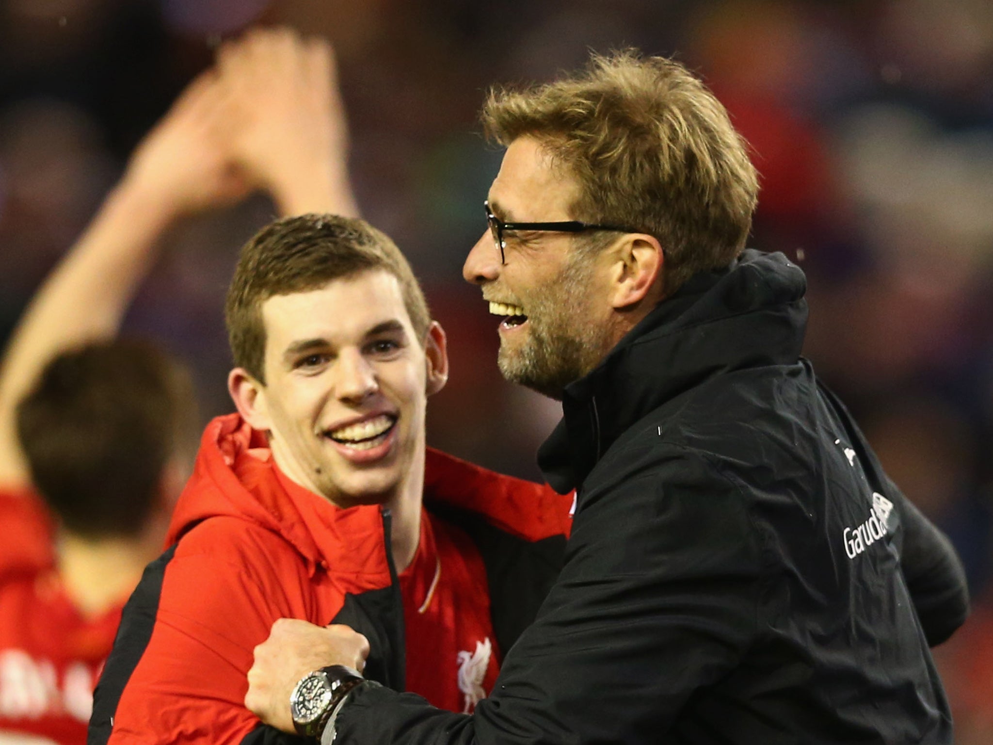 Liverpool defender Jon Flanagan with manager Jurgen Klopp