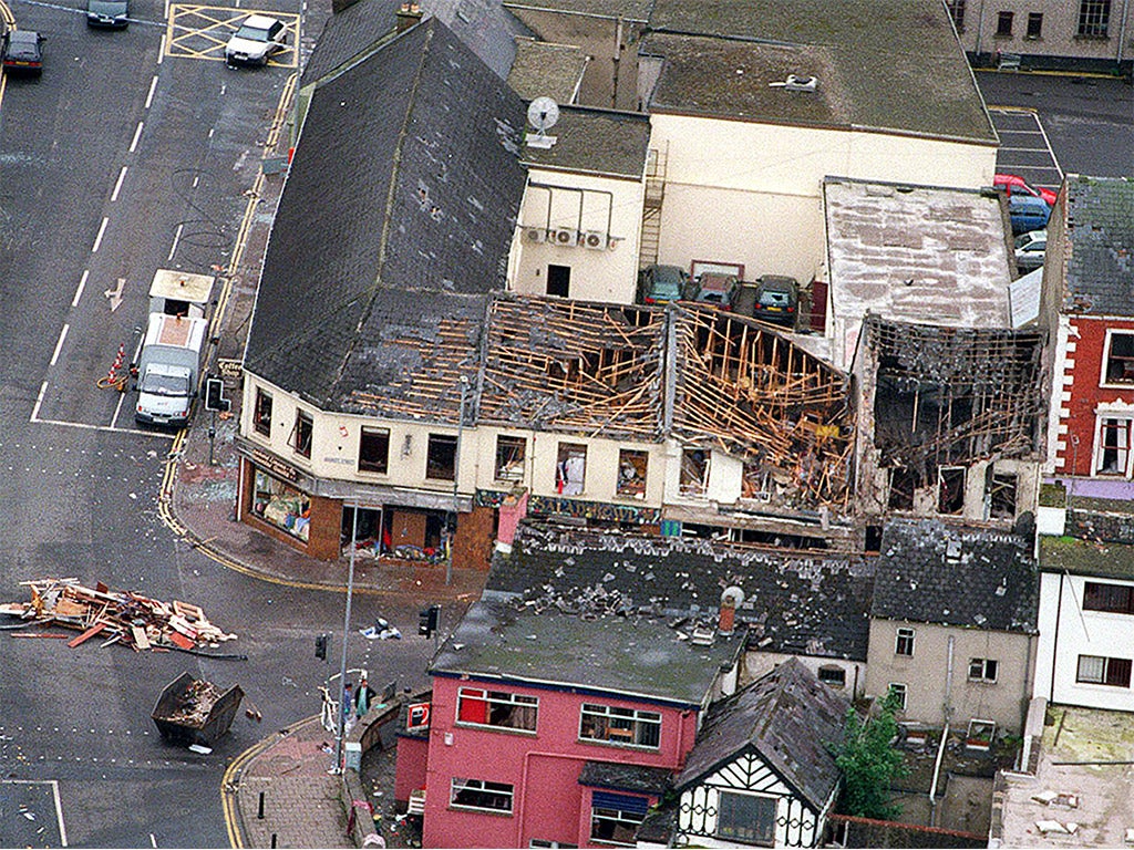 &#13;
An aerial view of the devastation caused in Omagh, at the junction of Market Street and Dublin Road, in 1998 &#13;