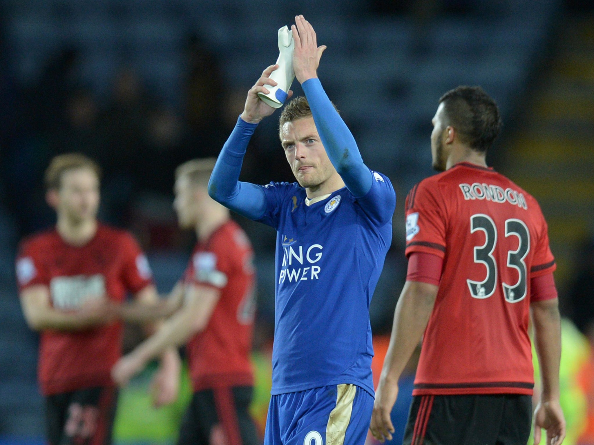 Leicester City's Jamie Vardy applauds the home support