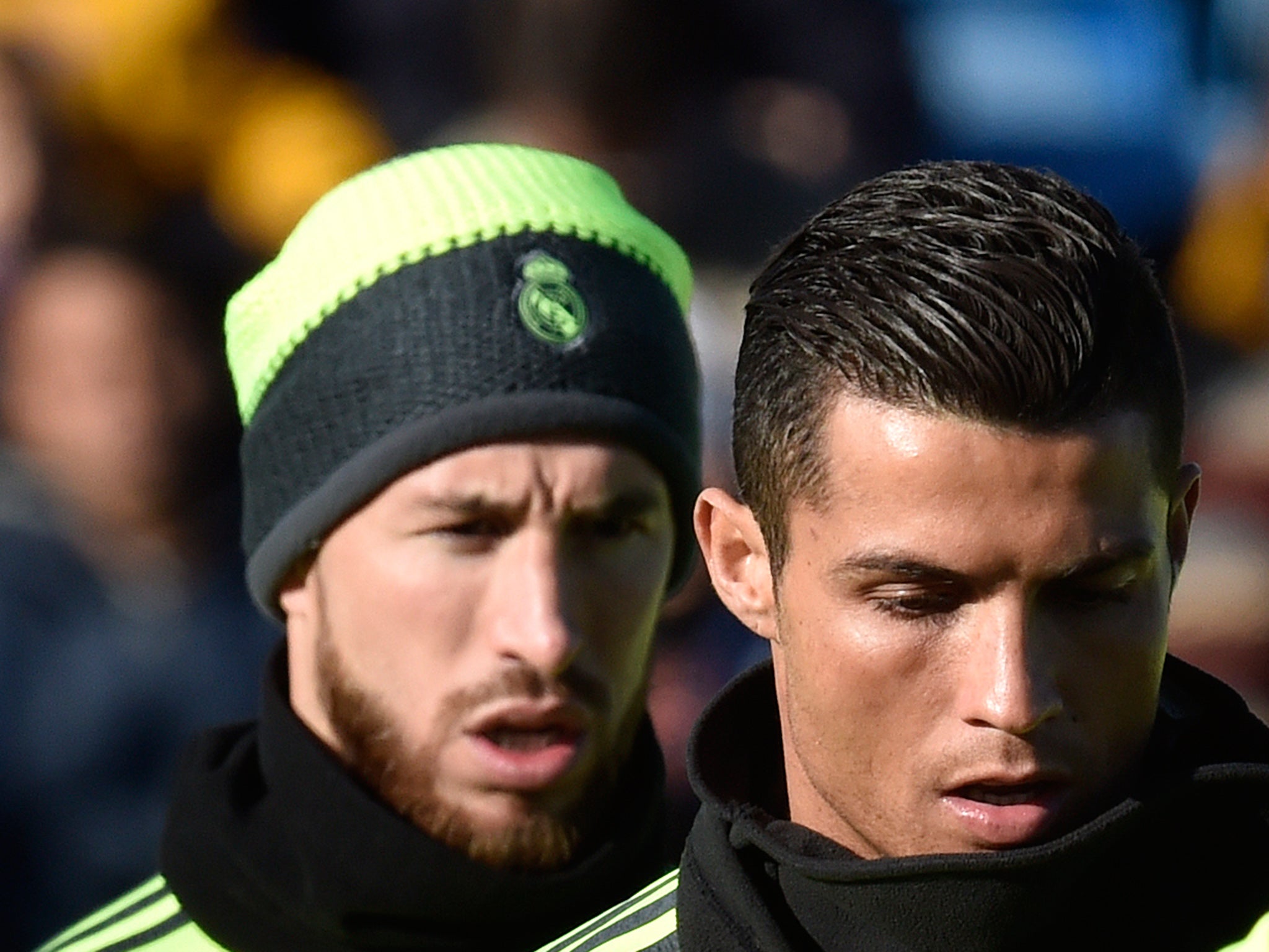 Sergio Ramos and Cristiano Ronaldo pictured during Real Madrid training