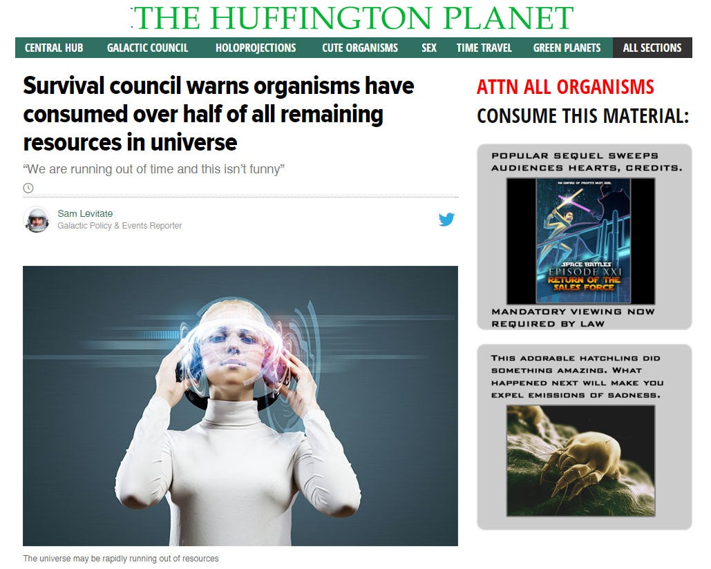 A story on The Huffington Planet, one of the many fake sites painstaking created for Reddit 3016