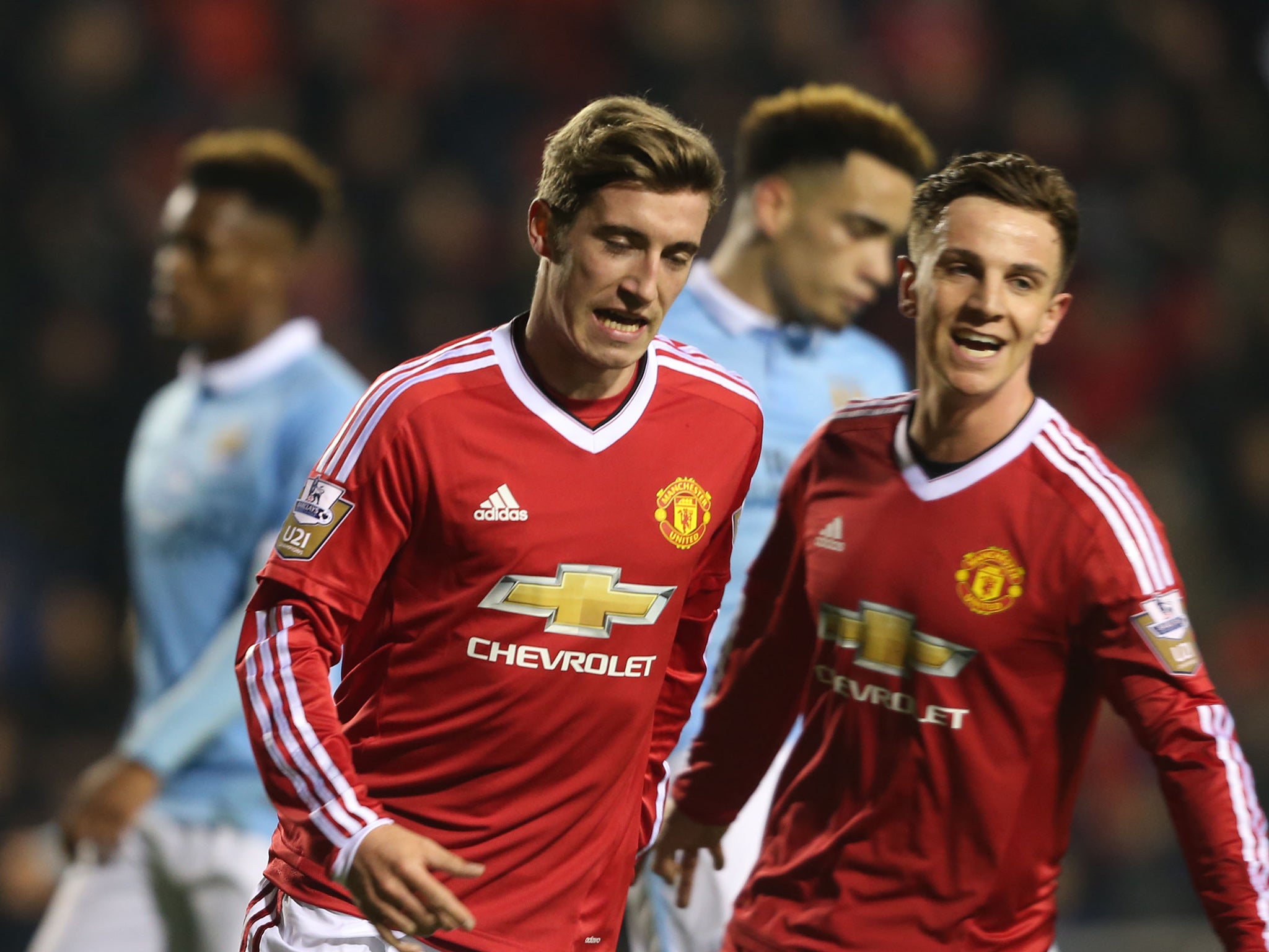 Manchester United midfielder Joe Rothwell celebrates scoring against Manchester City