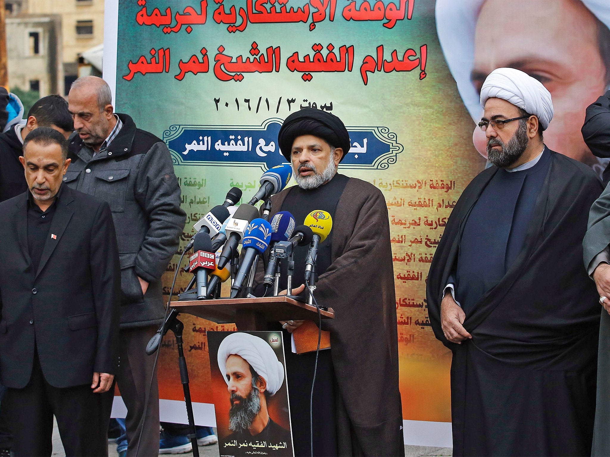 &#13;
Bahraini Sheikh Jaffer al-Alawi speaks during a protest held in Beirut, against Shiite Muslim cleric Nimr al-Nimr's execution by Saudi authorities, in January (Getty)&#13;