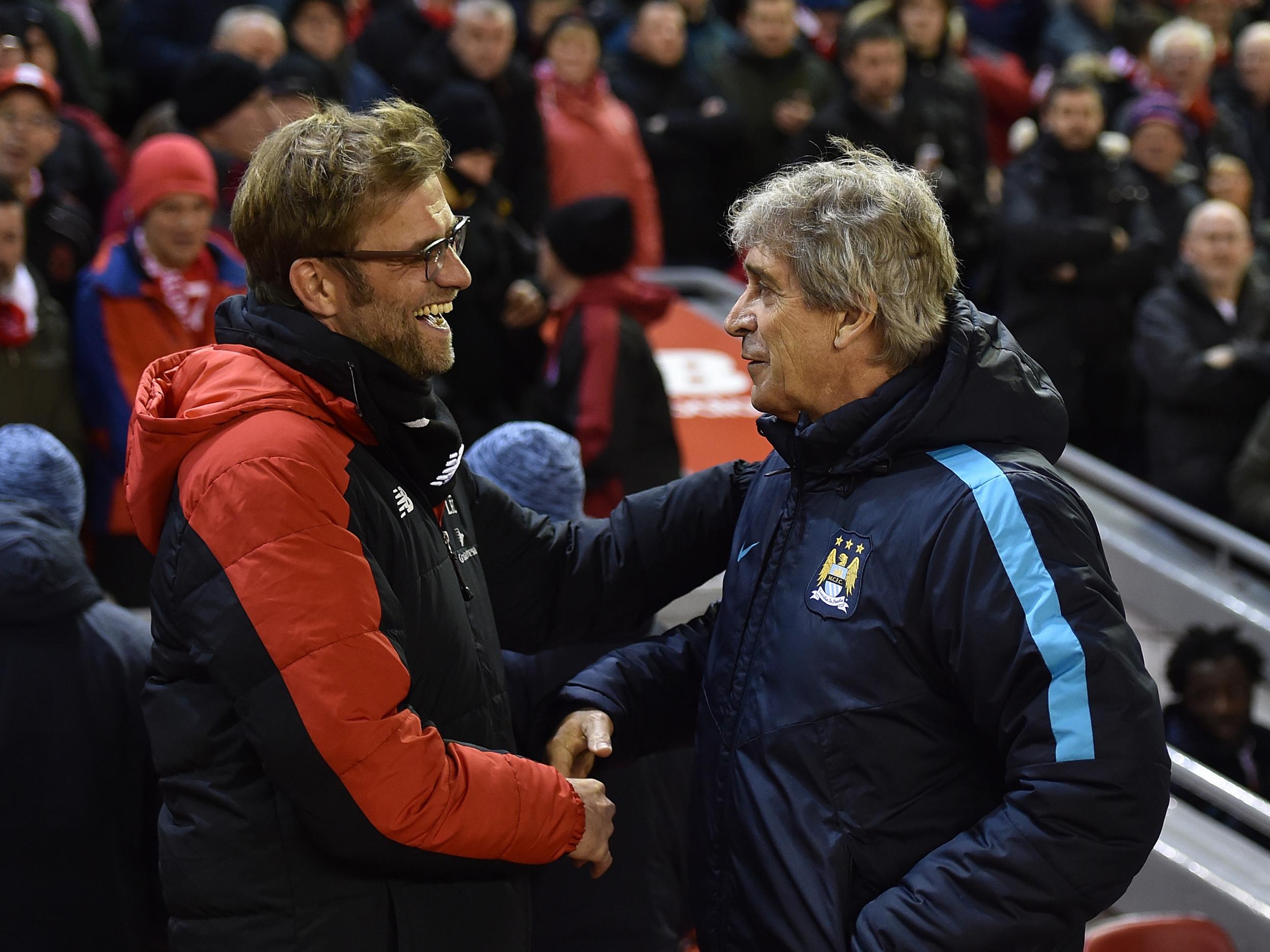 Manuel Pellegrini meets Jurgen Klopp on the side-lines