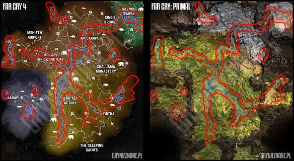 Far Cry 4's map (left) and Far Cry Primal's map (Pic: Grynieznane.pl)