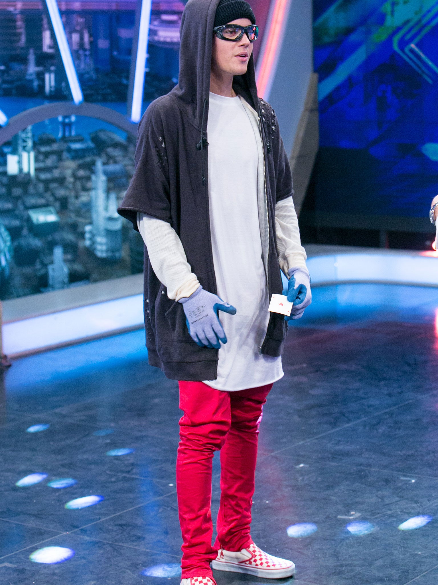 Red alert: Justin Bieber has adopted the modern style of red trousers, which are a different cut and not made of corduroy, unlike the more traditional wearers