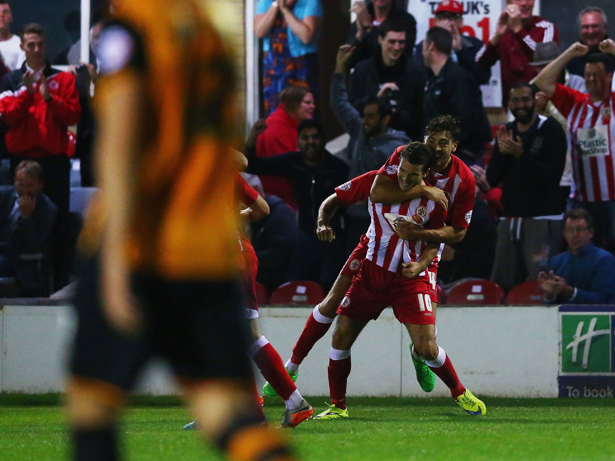 Accrington’s Terry Gornell celebrates a goal earlier this season