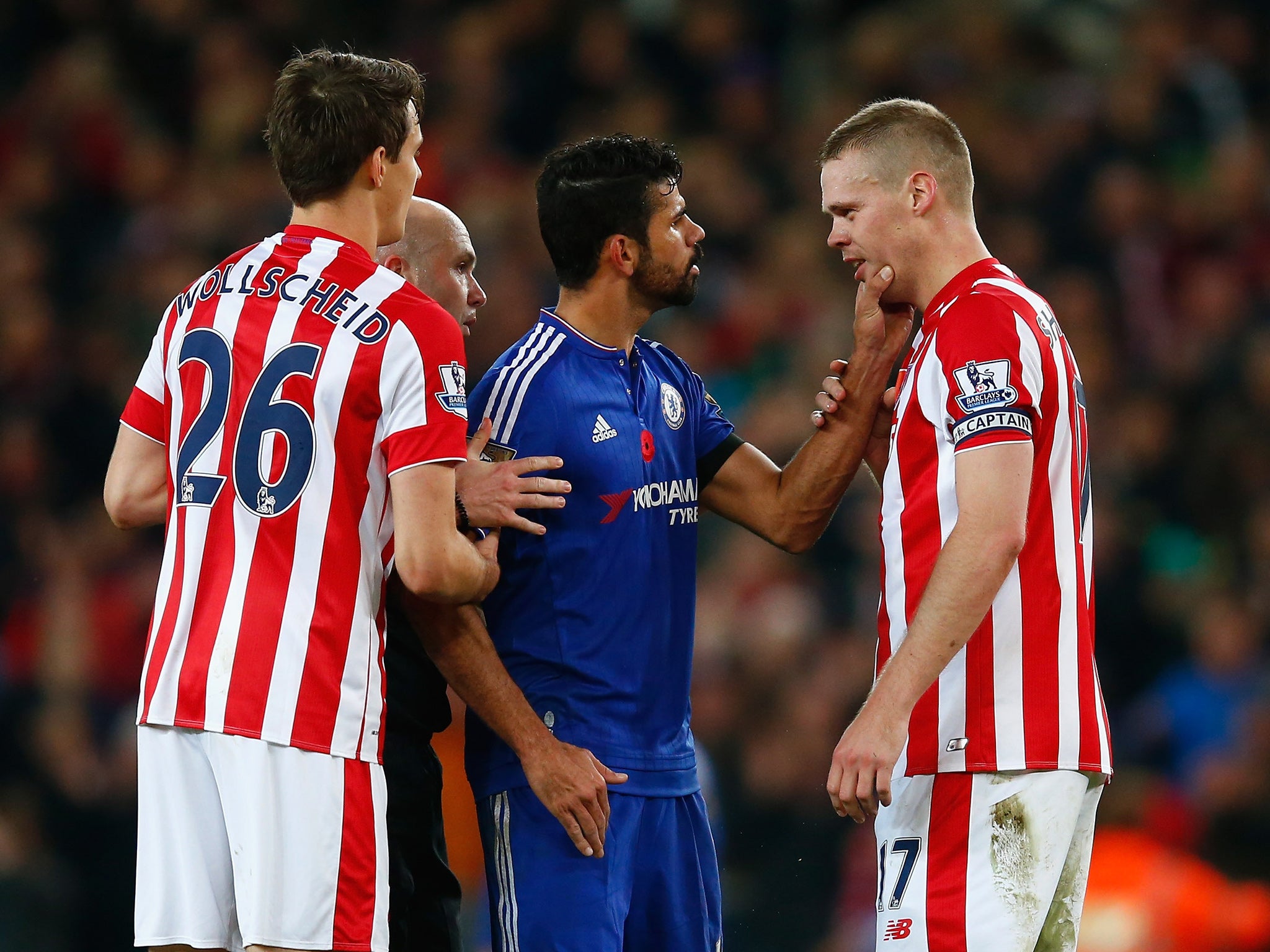 Diego Costa confronts Ryan Shawcross earlier this season