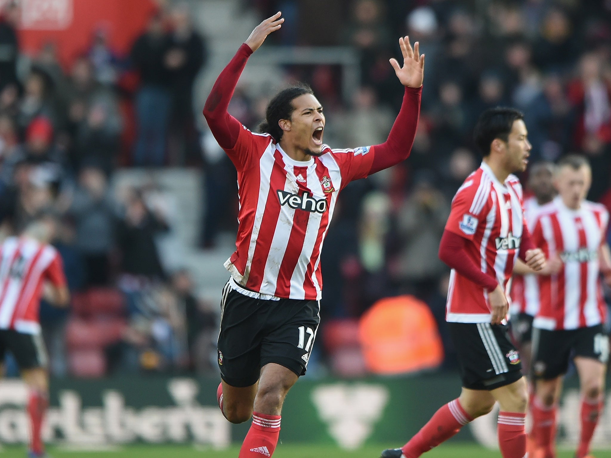 Southampton centre-back Virgil Van Dijk celebrates his late equaliser