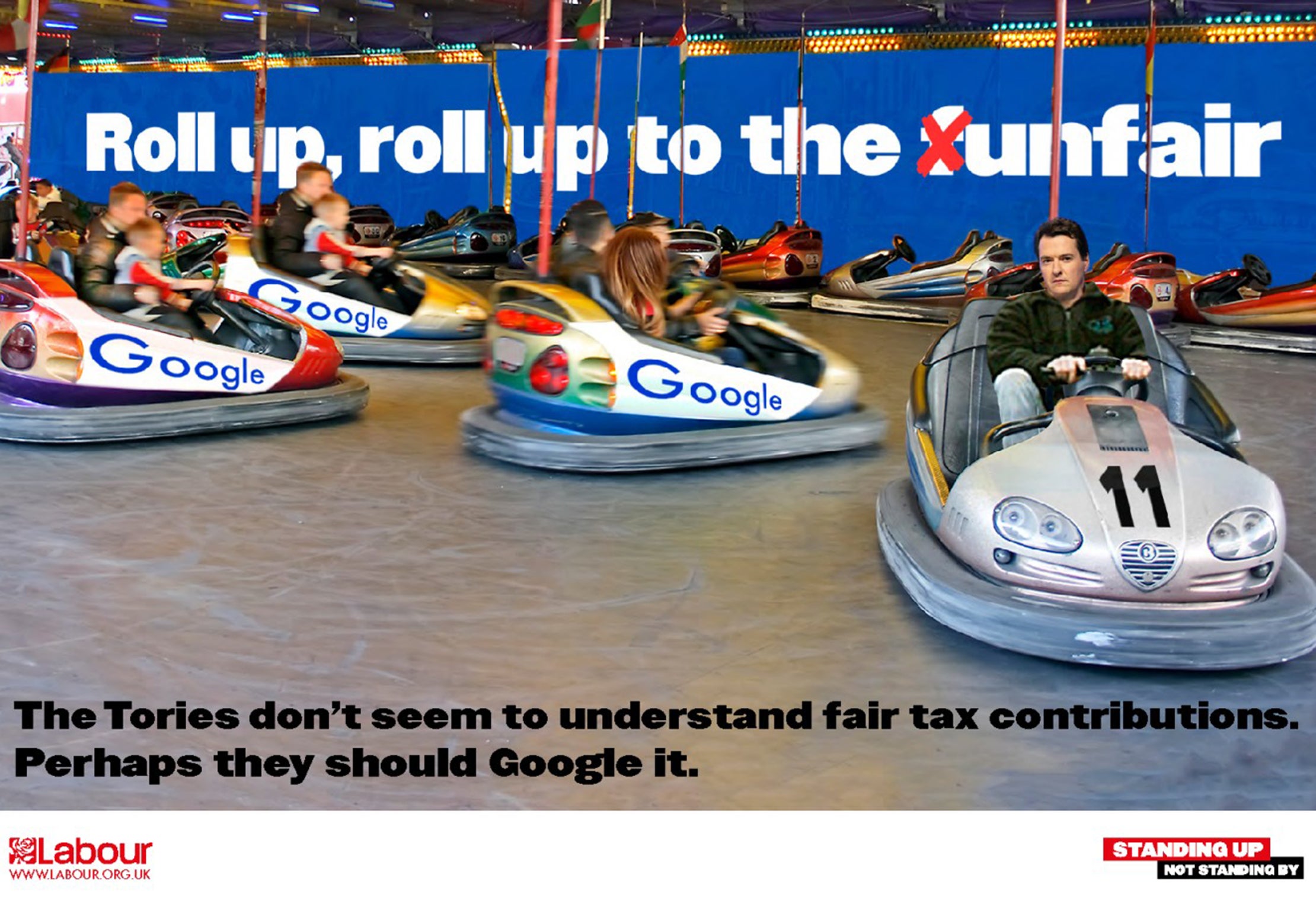 In one poster, George Osborne is mocked up driving a Google-branded dodgem car