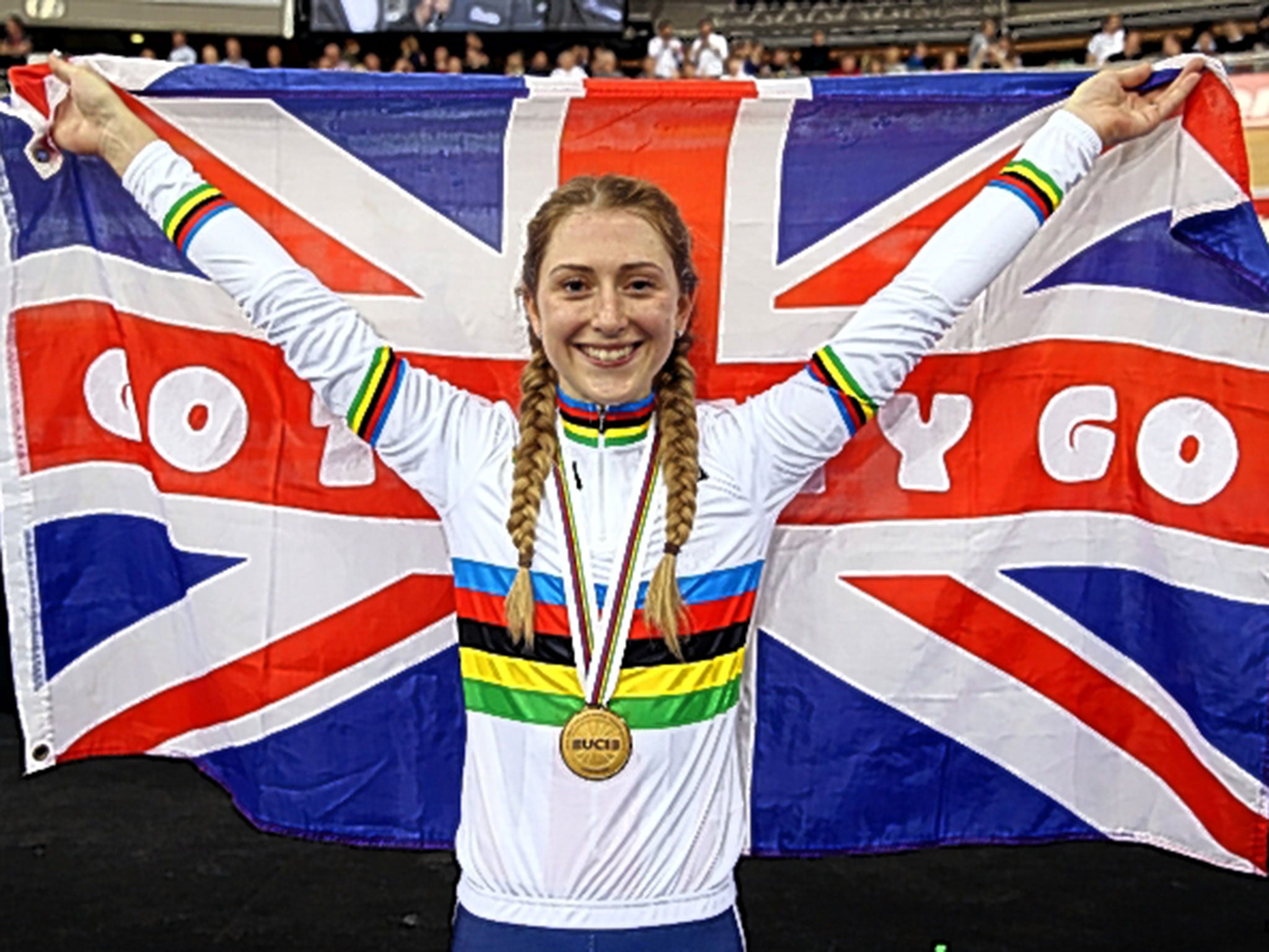 Laura Trott after winning the women’s omnium, the British cyclist’s second gold medal of the championships