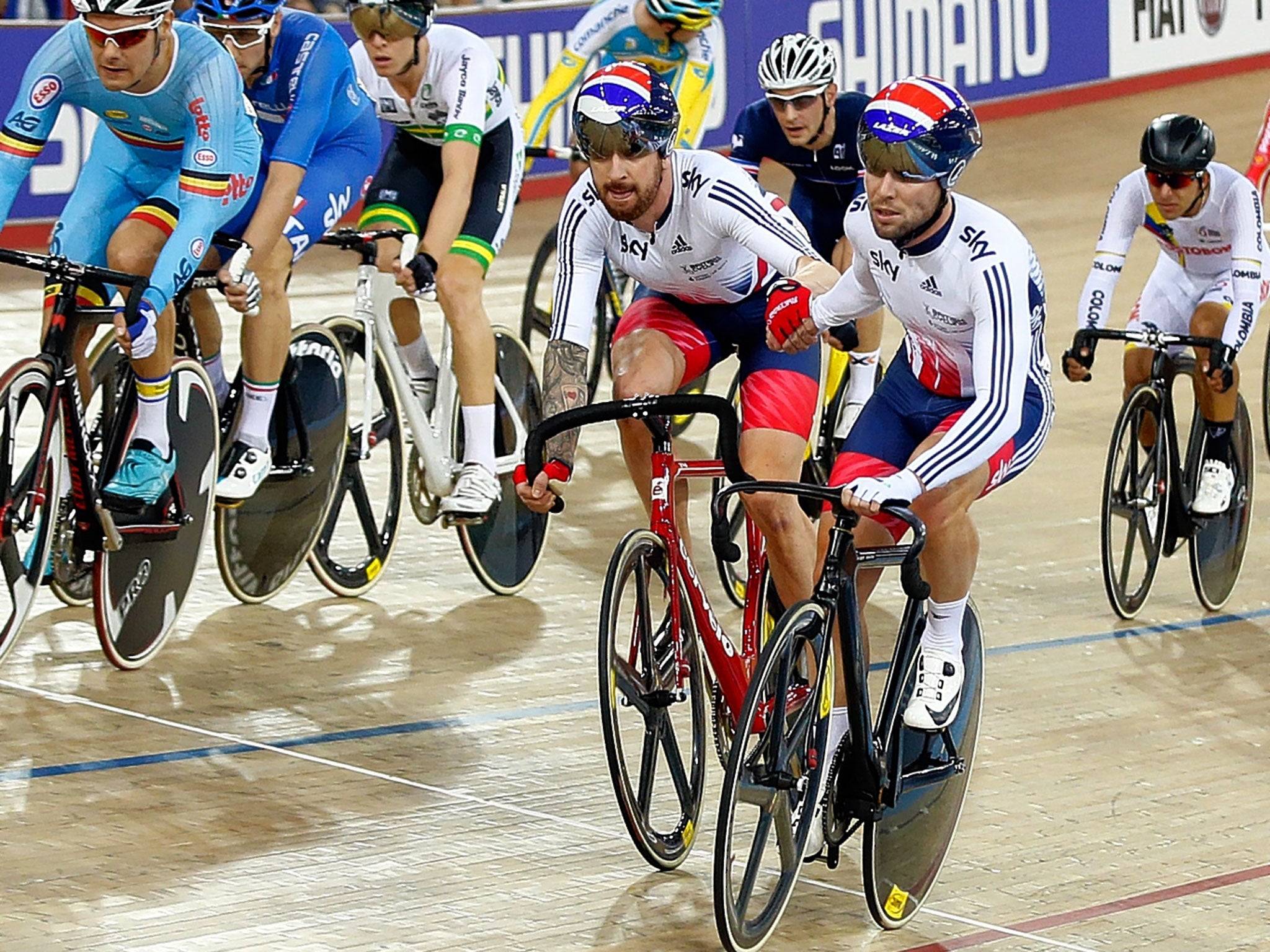 Bradley Wiggins and Mark Cavendish on their way to Madison gold