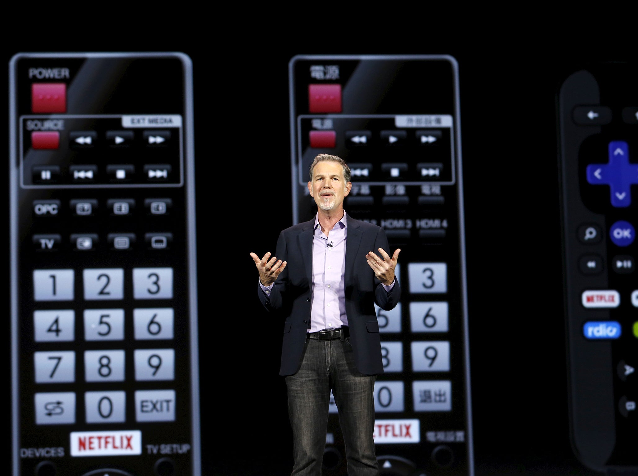 Reed Hastings, co-founder and CEO of Netflix, speaks during a keynote address at the 2016 CES trade show in Las Vegas, Nevada, January 6, 2016