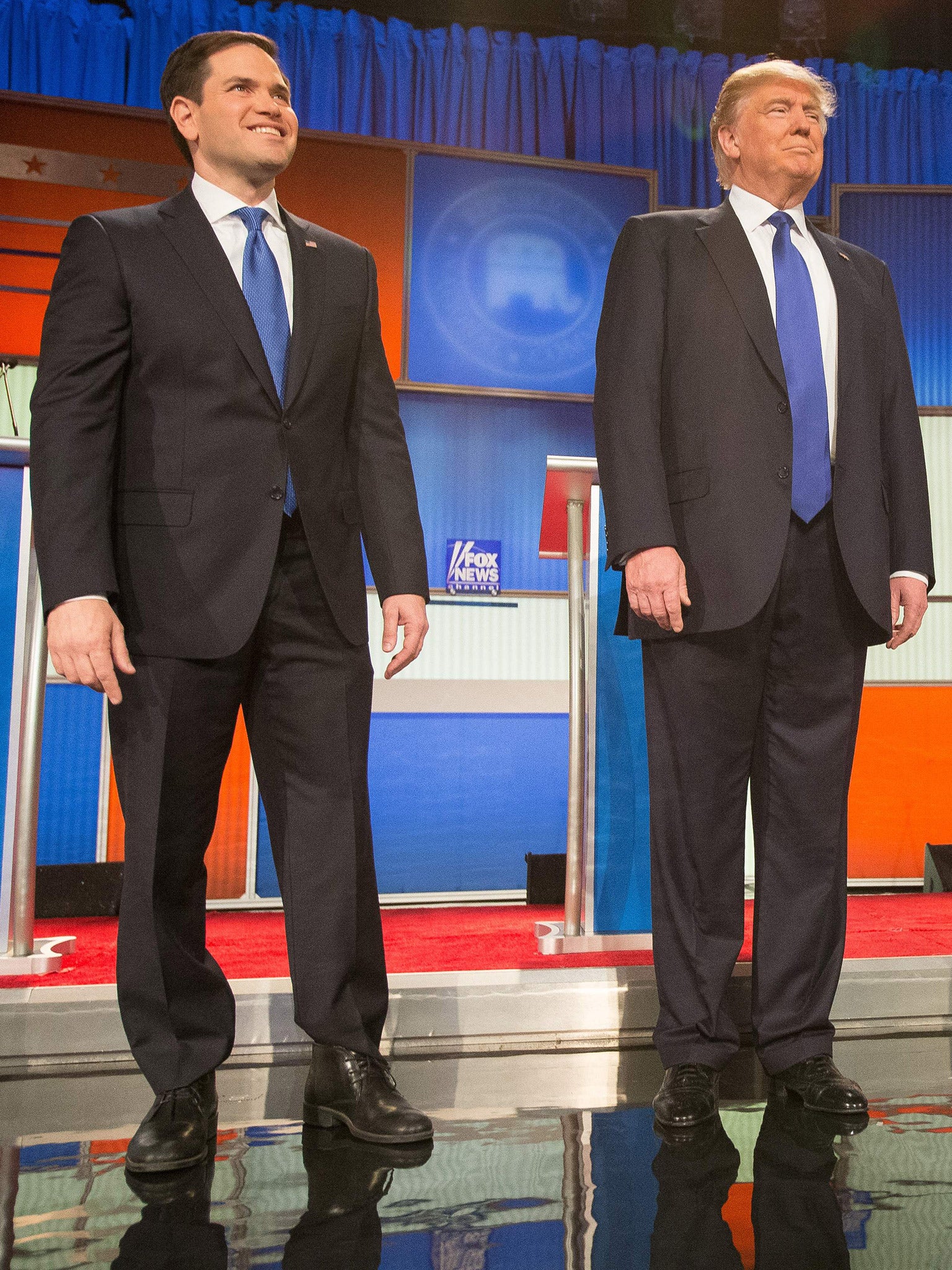 Marco Rubio's shoes are elevated to help compensate for a height deficit next to the 6’ 3” Donald Trump (Getty)