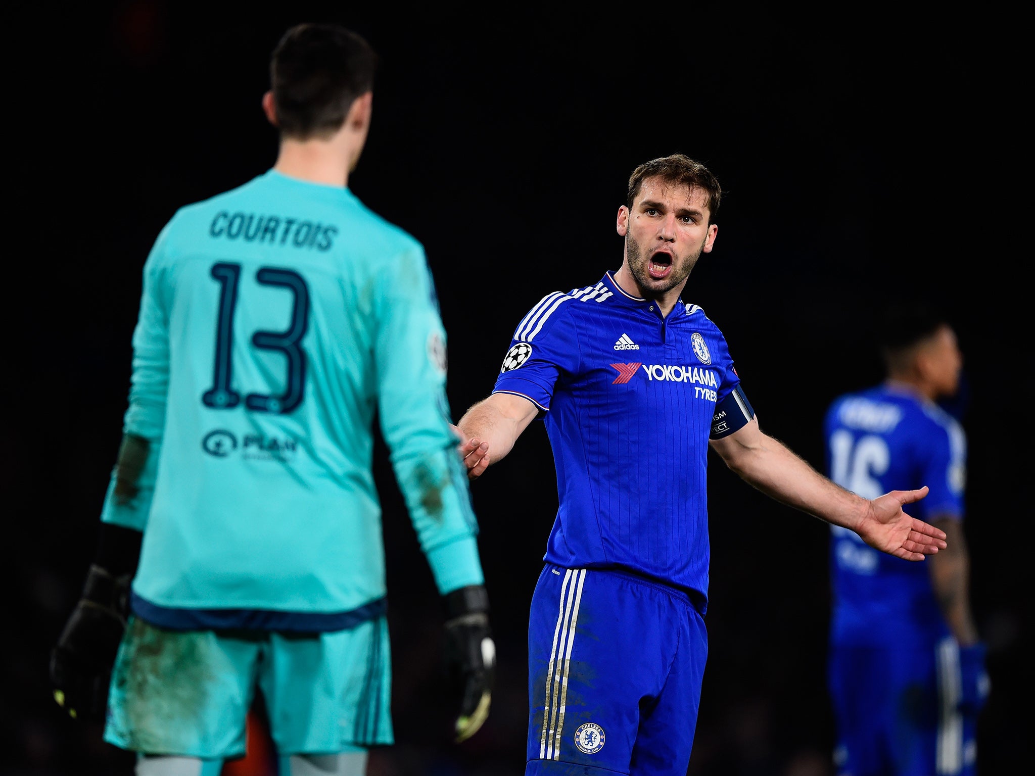 Chelsea's Branislav Ivanovic remonstrates with Thibaut Courtois