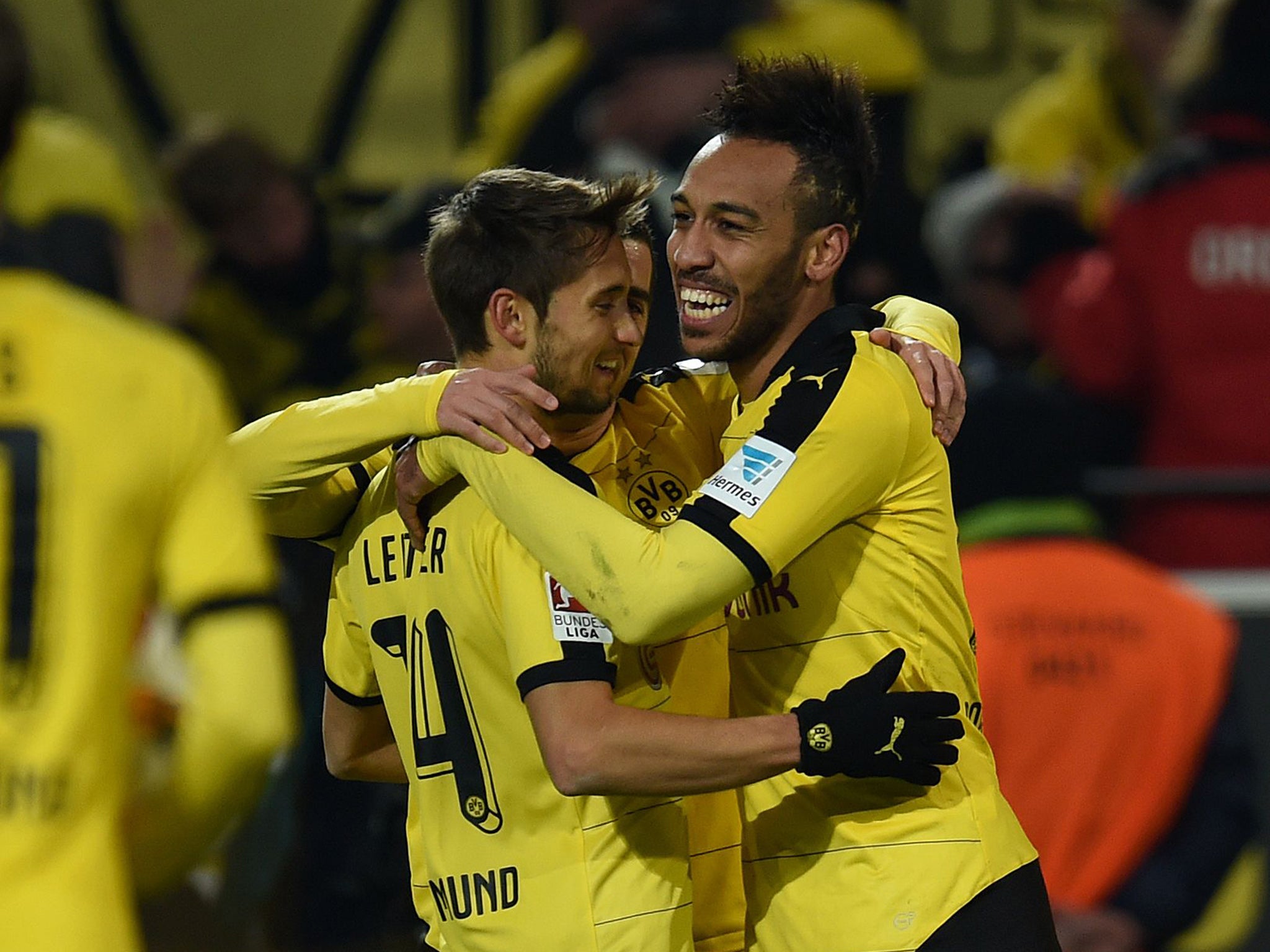 Borussia Dortmund striker Pierre Emerick Aubameyang celebrates with his team-mates