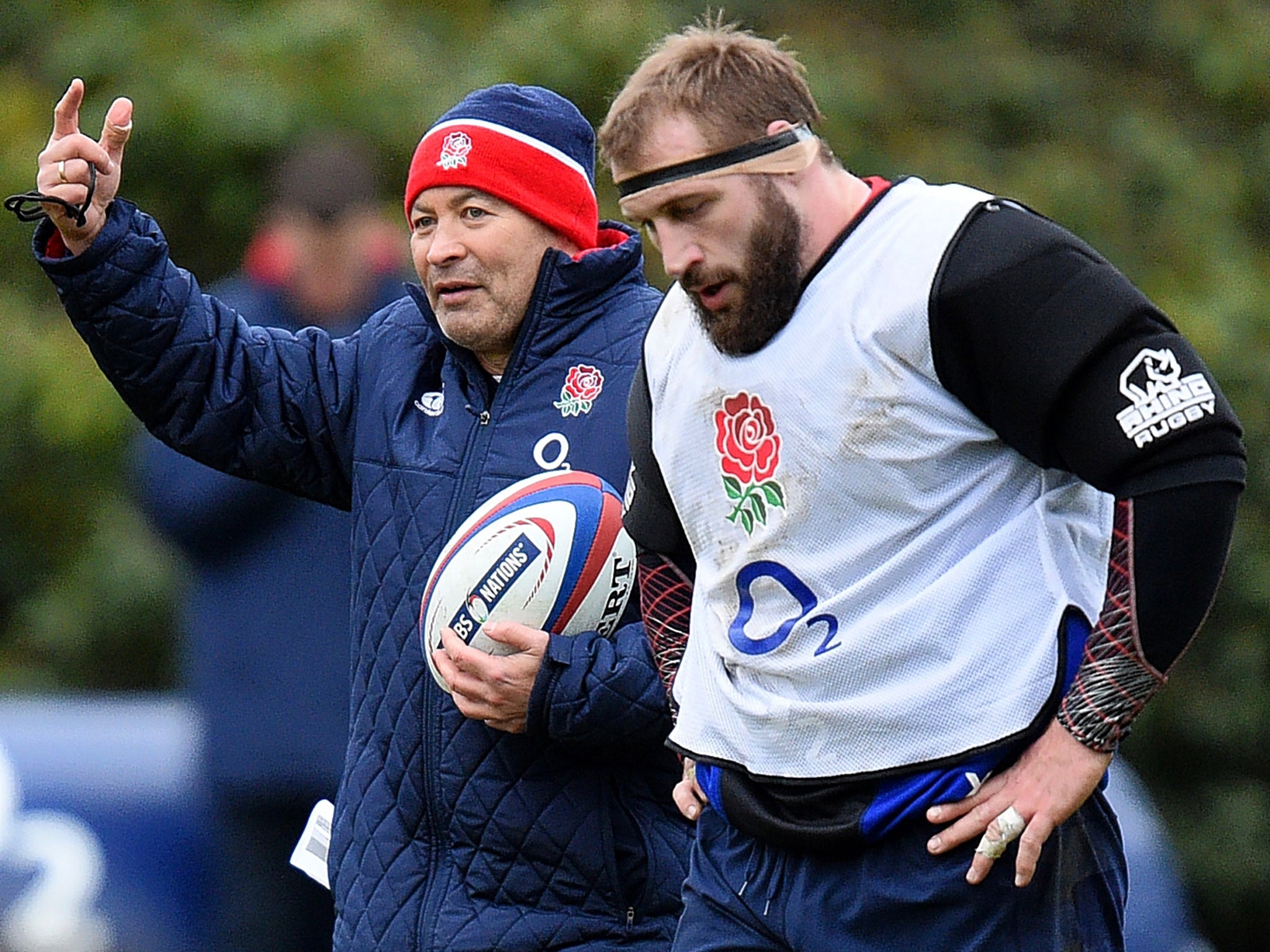 England coach Eddie Jones with Joe Marler in training