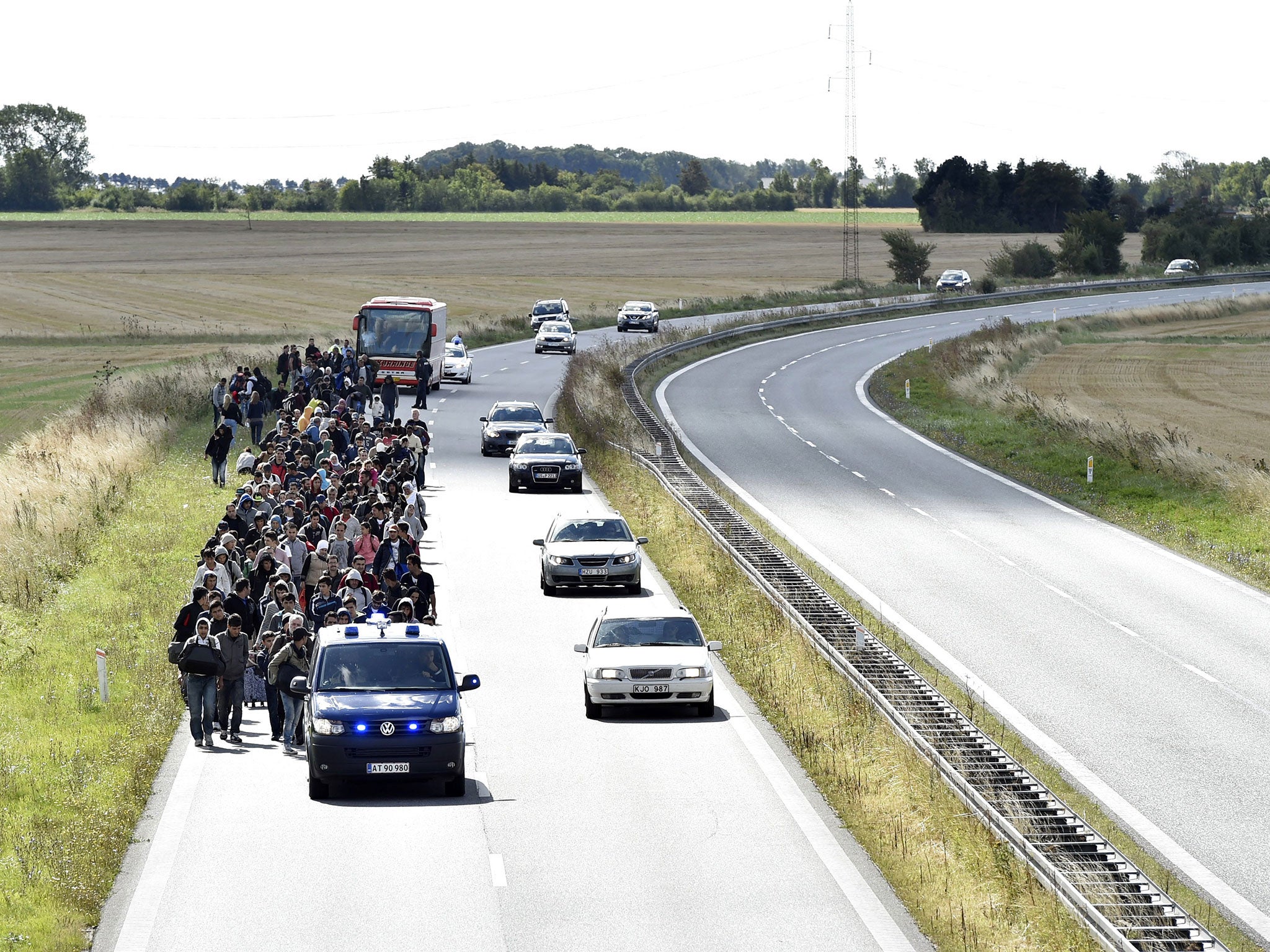 refugees walk along the motorway from Rodby, Denmark